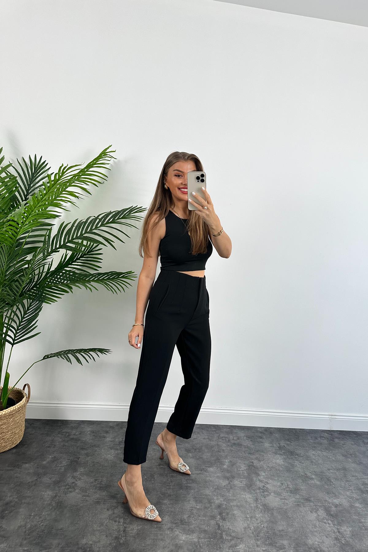 Zra Model Double Atlas Kumaş Yüksek Bel Flatolu Kumaş Pantolon Siyah