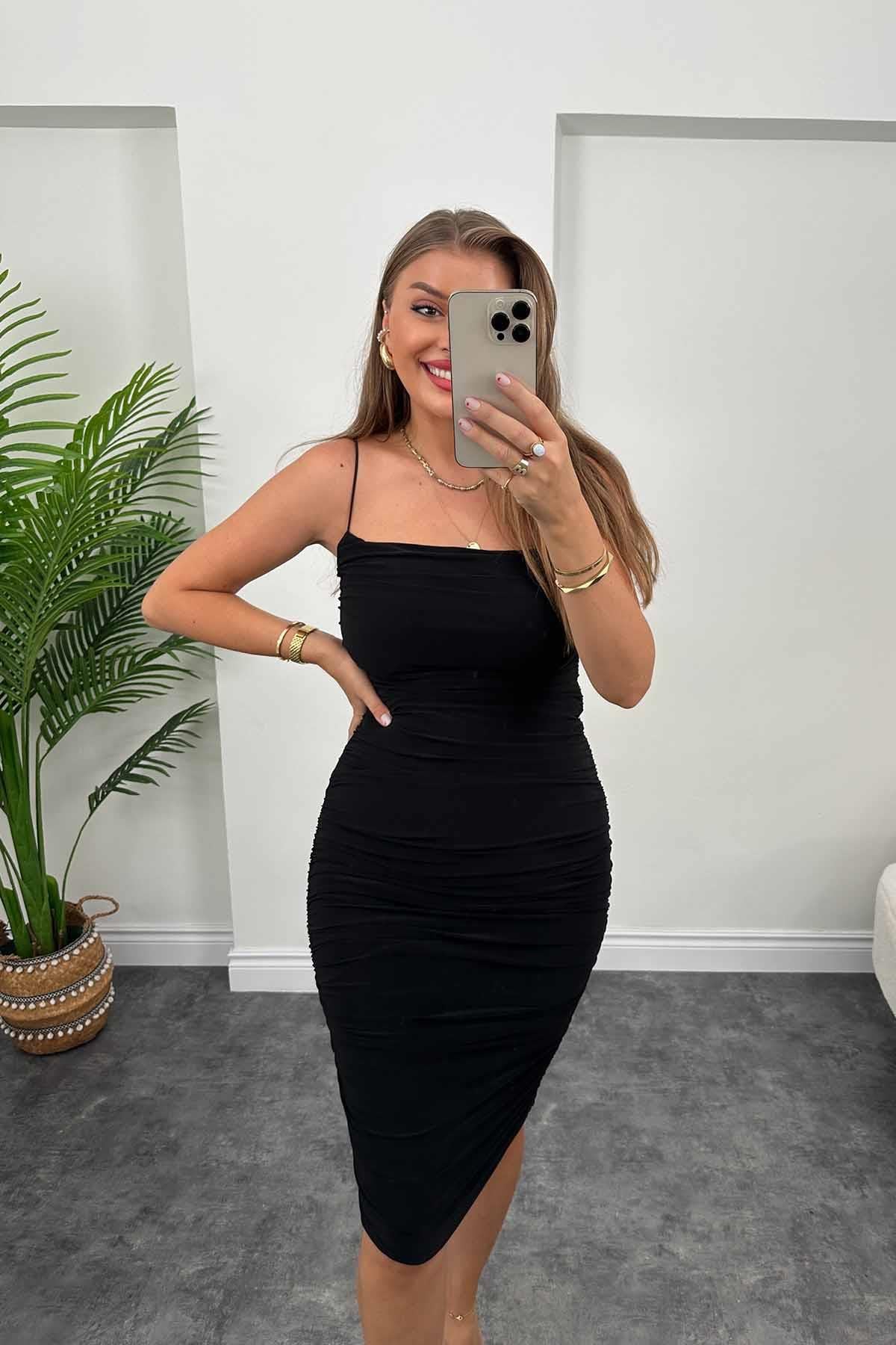 Zra Model Drapeli Likralı Kalem Elbise Siyah 