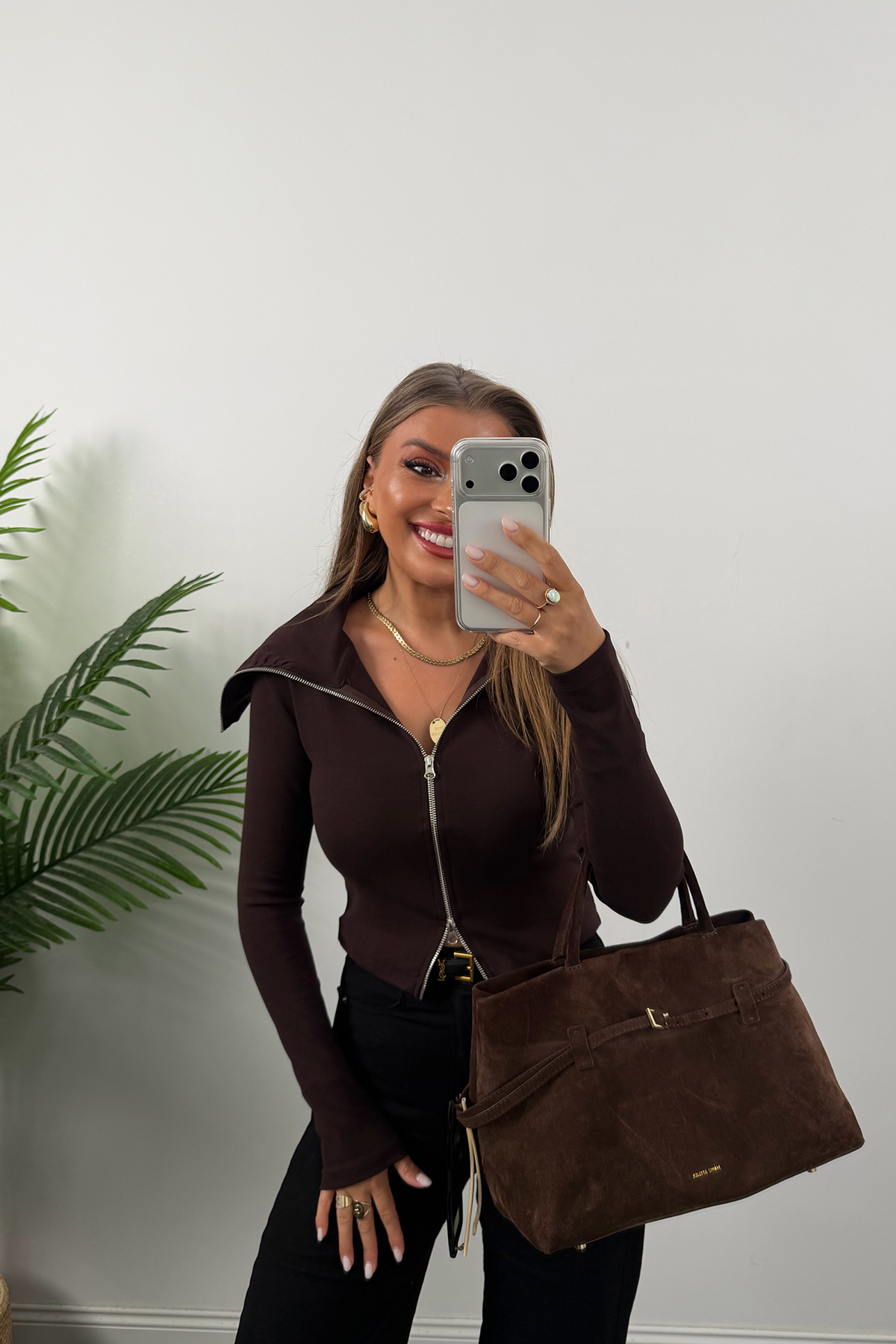 Zra Model Fermuarlı Likralı Geniş Yaka Basic Bluz Acı Kahve 