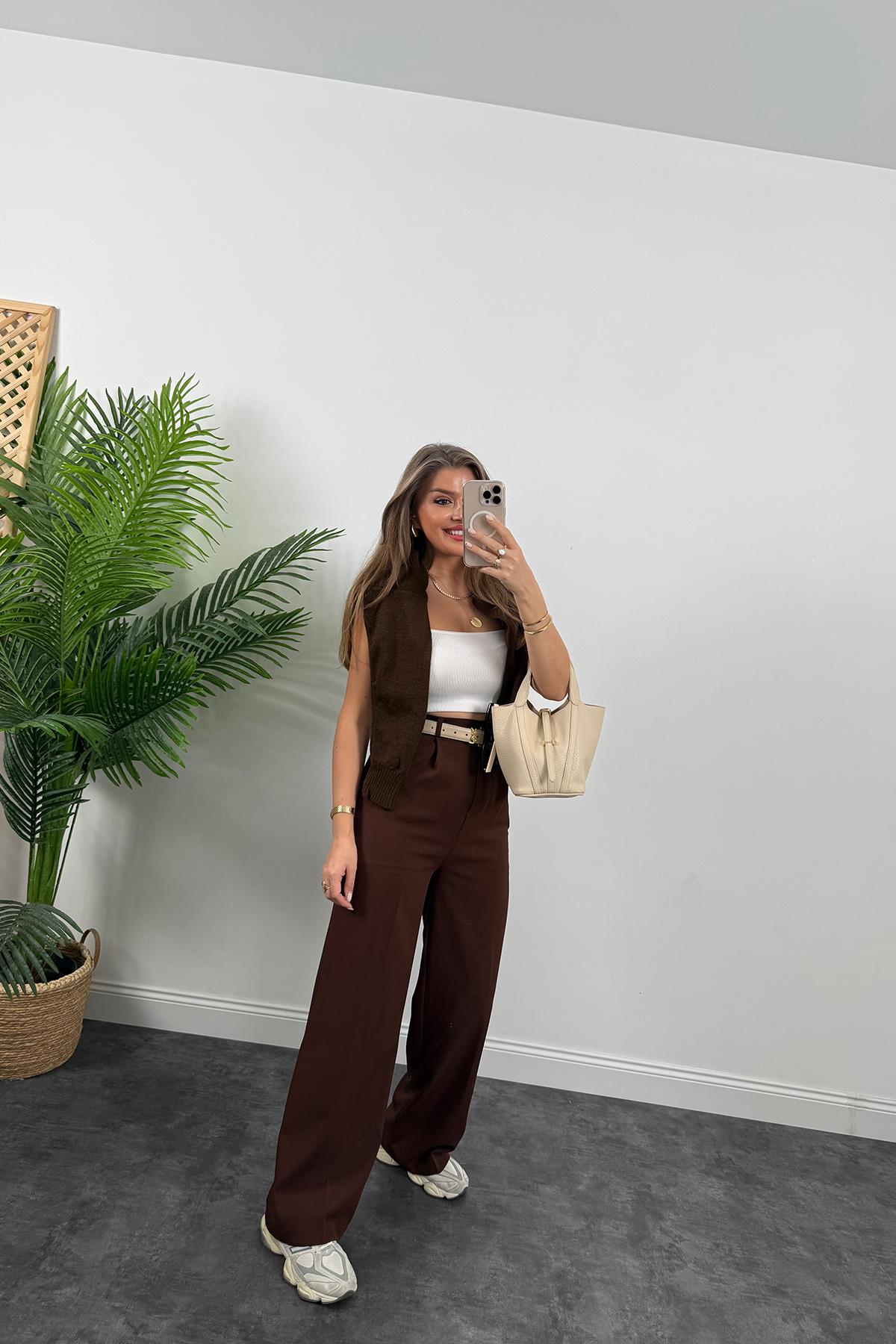 Zra Model Pileli Dökümlü Palazzo Kahverengi