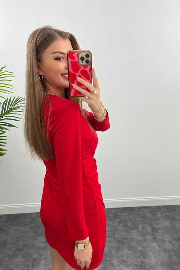 Zara Model Likralı Drapeli Elbise Kırmızı