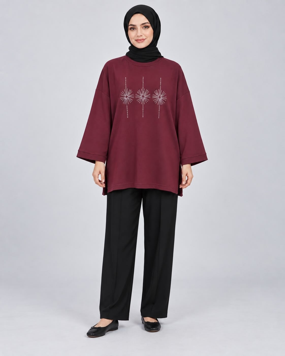 Kadın Bordo Taş İşlemeli Yırtmaçlı Oversize Oysho Tunik