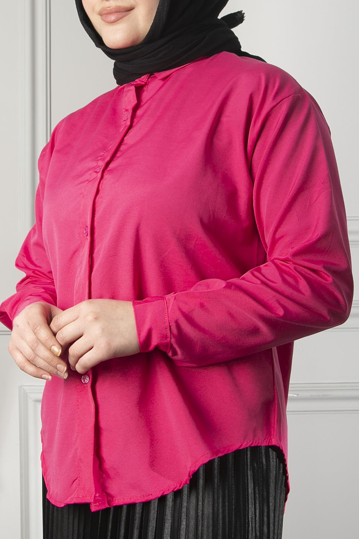 Kadın Fuşya Oversize Düz Gömlek