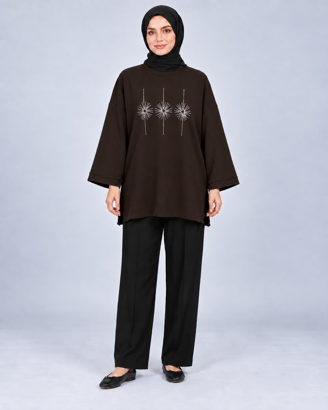 Kadın Kahverengi Taş İşlemeli Yırtmaçlı Oversize Oysho Tunik