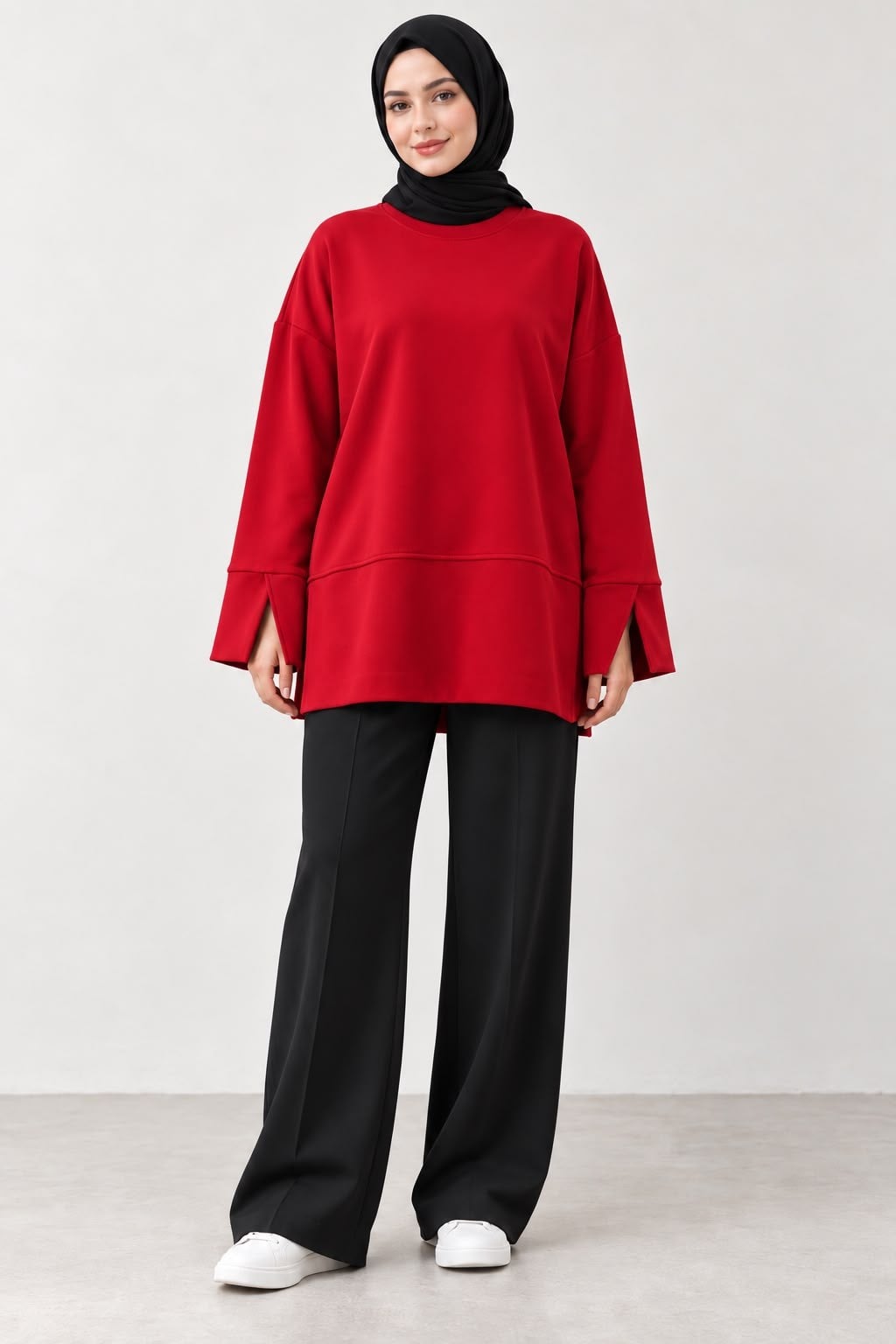 Kadın Kırmızı Yanı Ve Kolu Yırtmaçlı Oysho Kumaş Sweatshirt