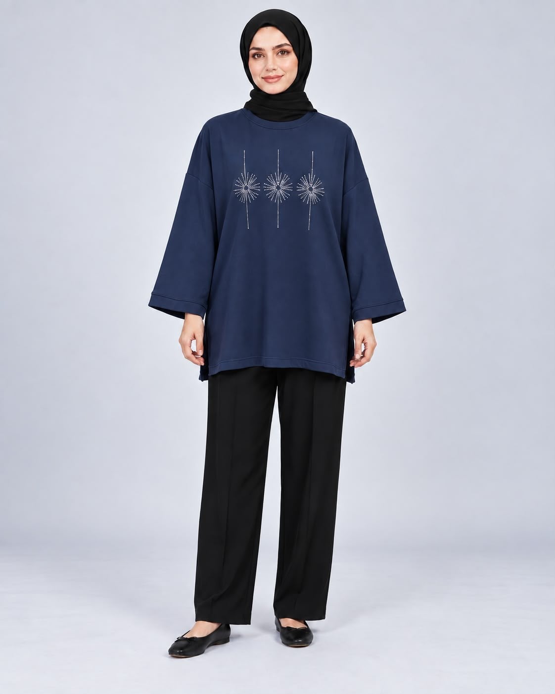 Kadın Lacivert Taş İşlemeli Yırtmaçlı Oversize Oysho Tunik