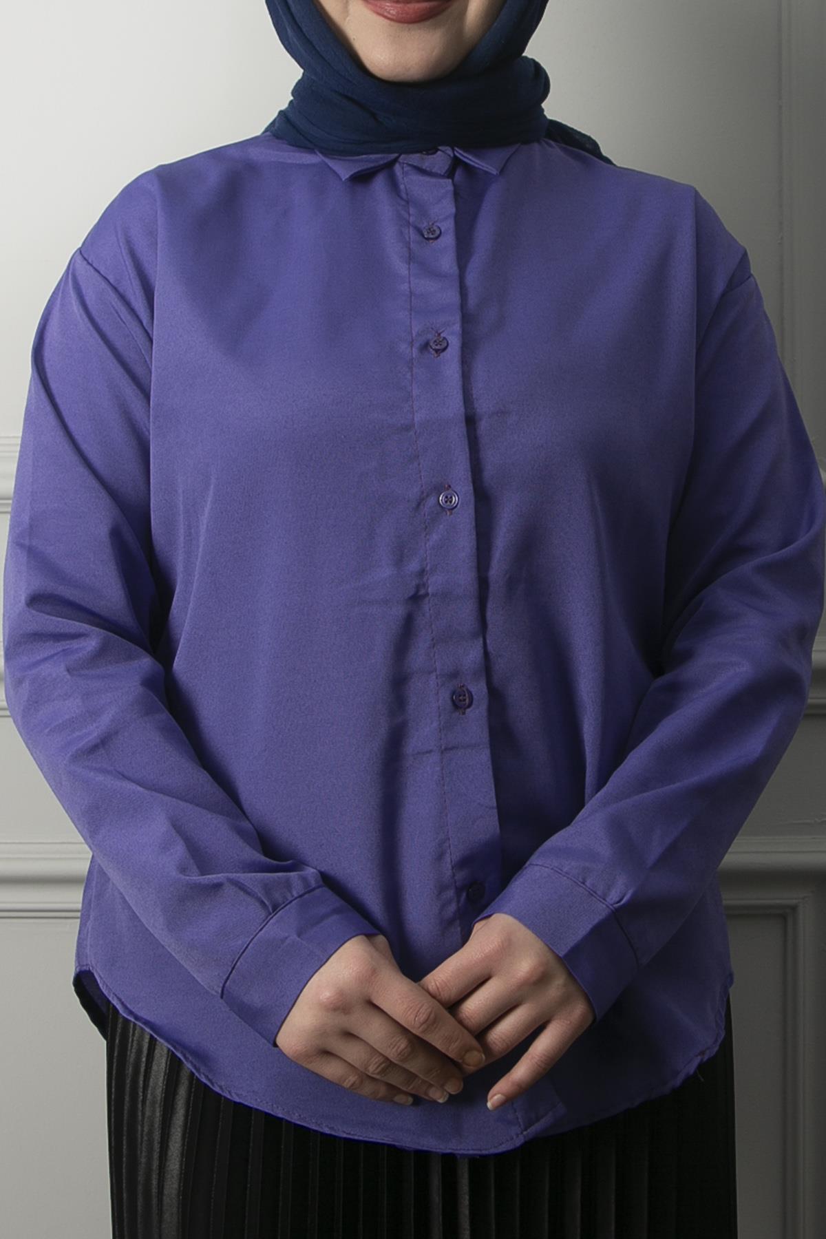 Kadın Mor Oversize Düz Gömlek