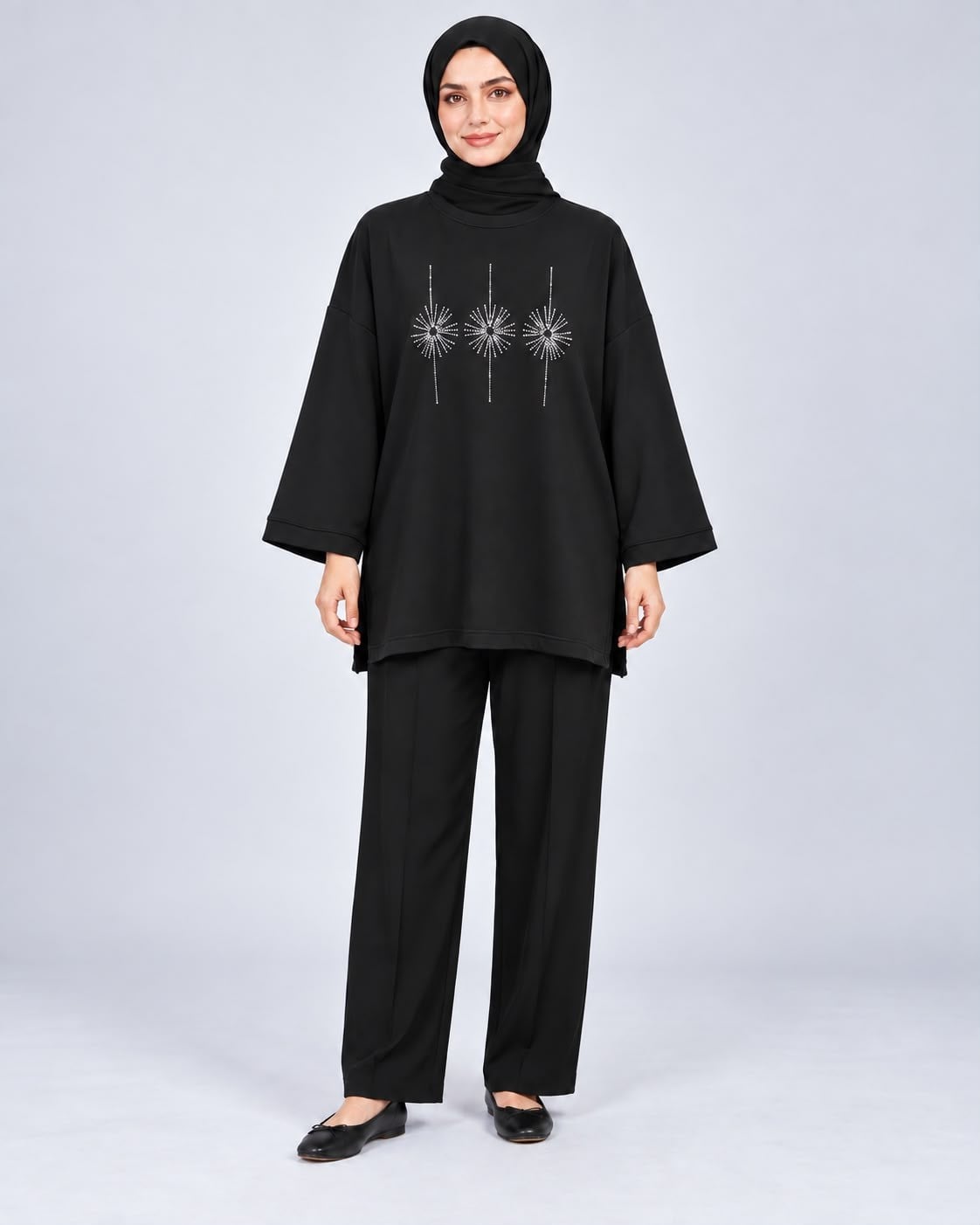 Kadın Siyah Taş İşlemeli Yırtmaçlı Oversize Oysho Tunik