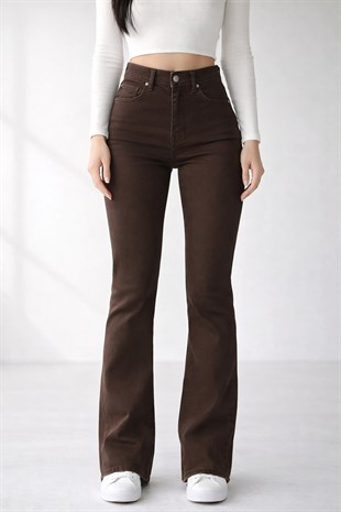 Kadın Kahverengi Yüksek Bel İspanyol Paça Pantolon