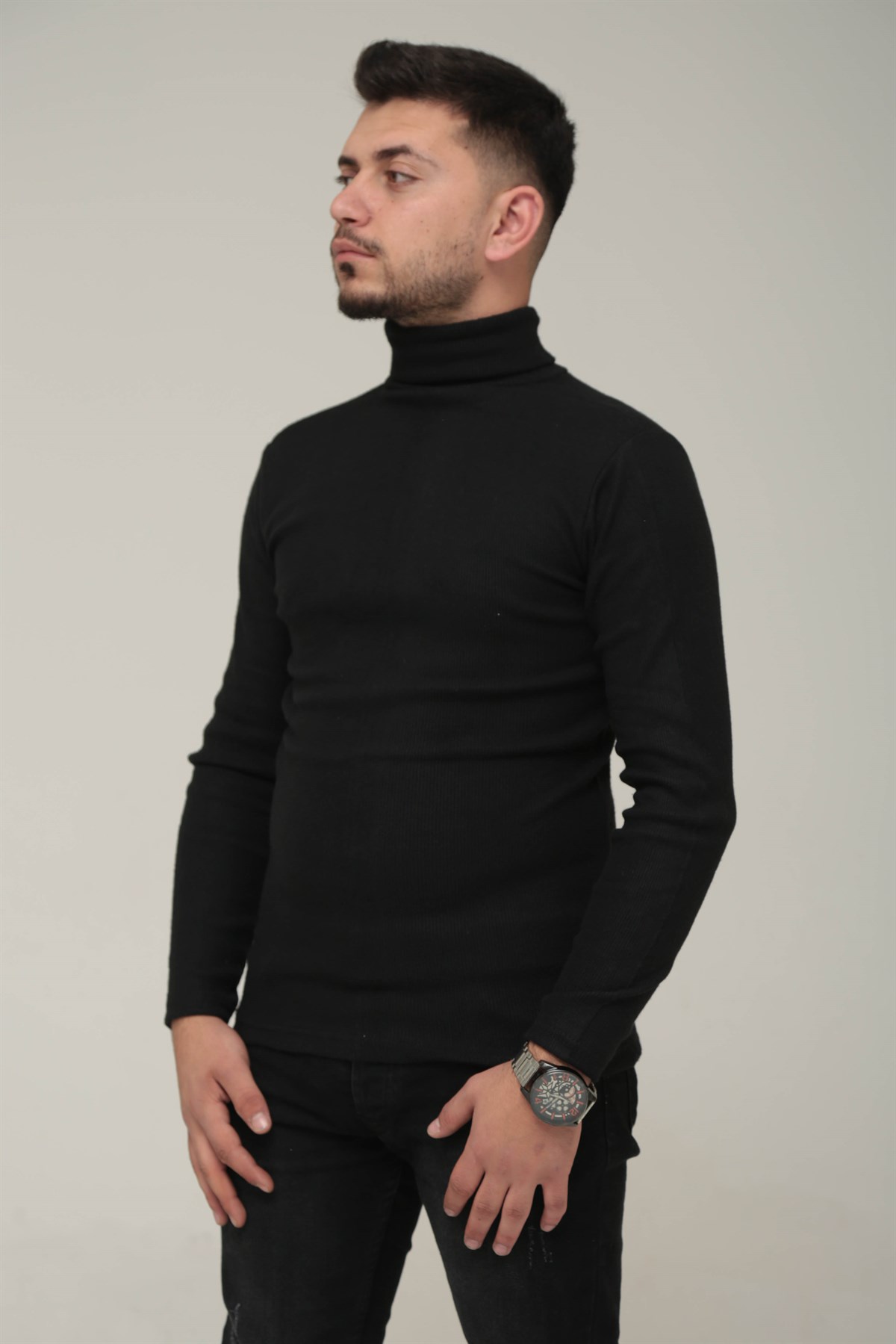 Erkek Siyah Balıkçı Yaka Fitilli Triko Body
