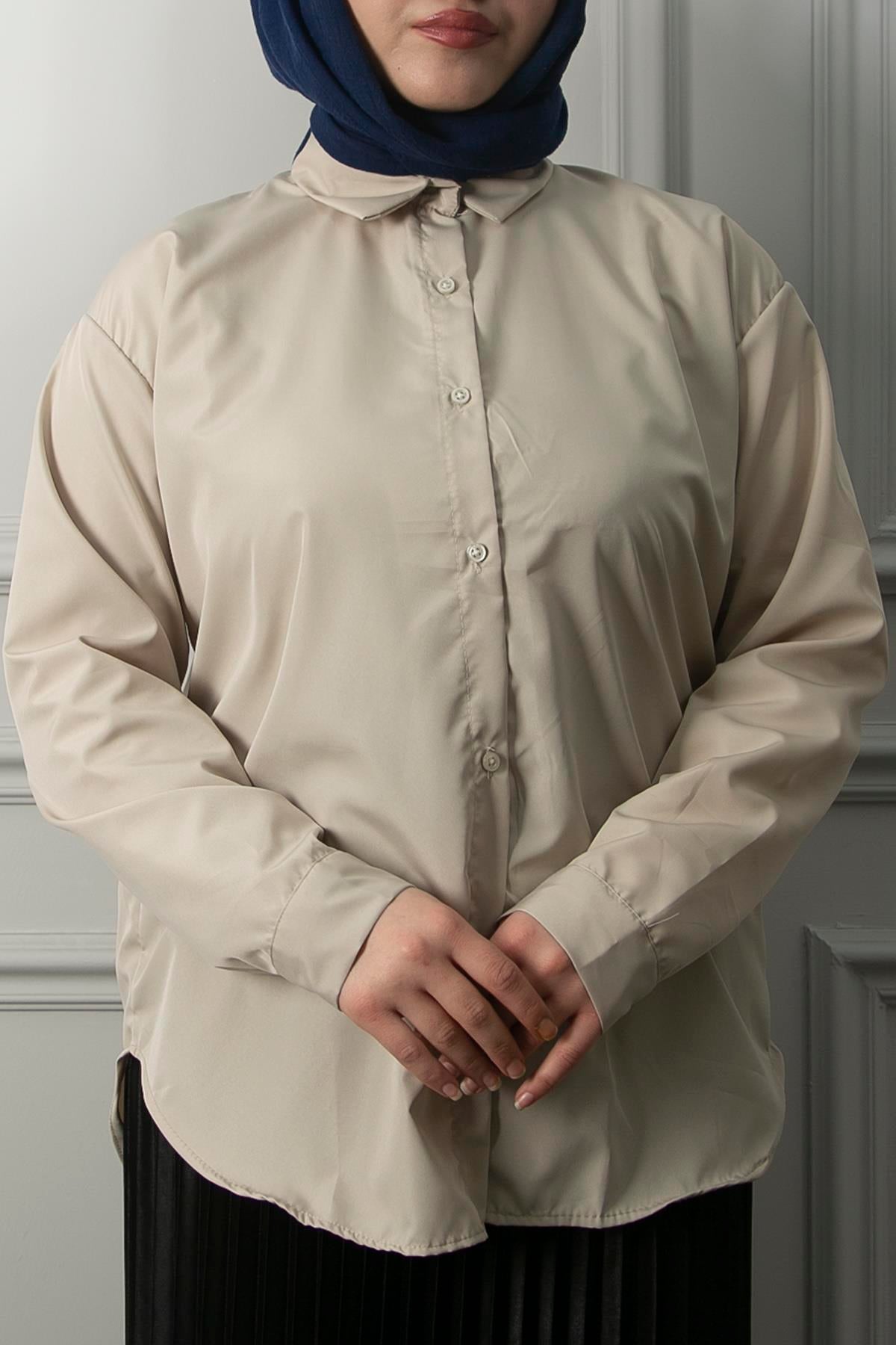 Kadın Bej Oversize Düz Gömlek