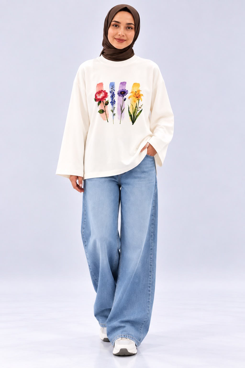 Kadın Beyaz Çiçek Baskılı Oysho Kumaş Oversize Tunik