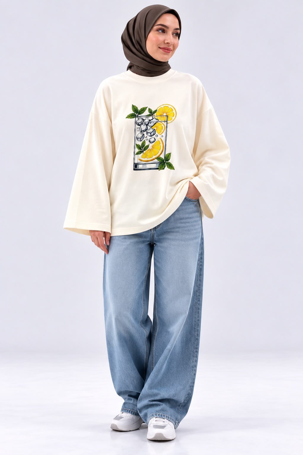 Kadın Beyaz Limonata Baskılı Oysho Kumaş Oversize Tunik