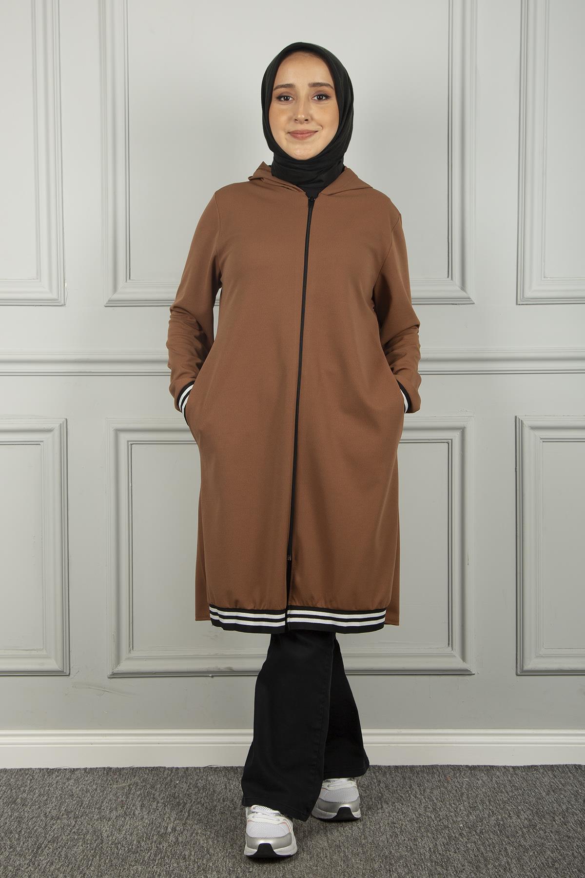 Kadın Bisküvi Kapüşonlu Şeritli Kap