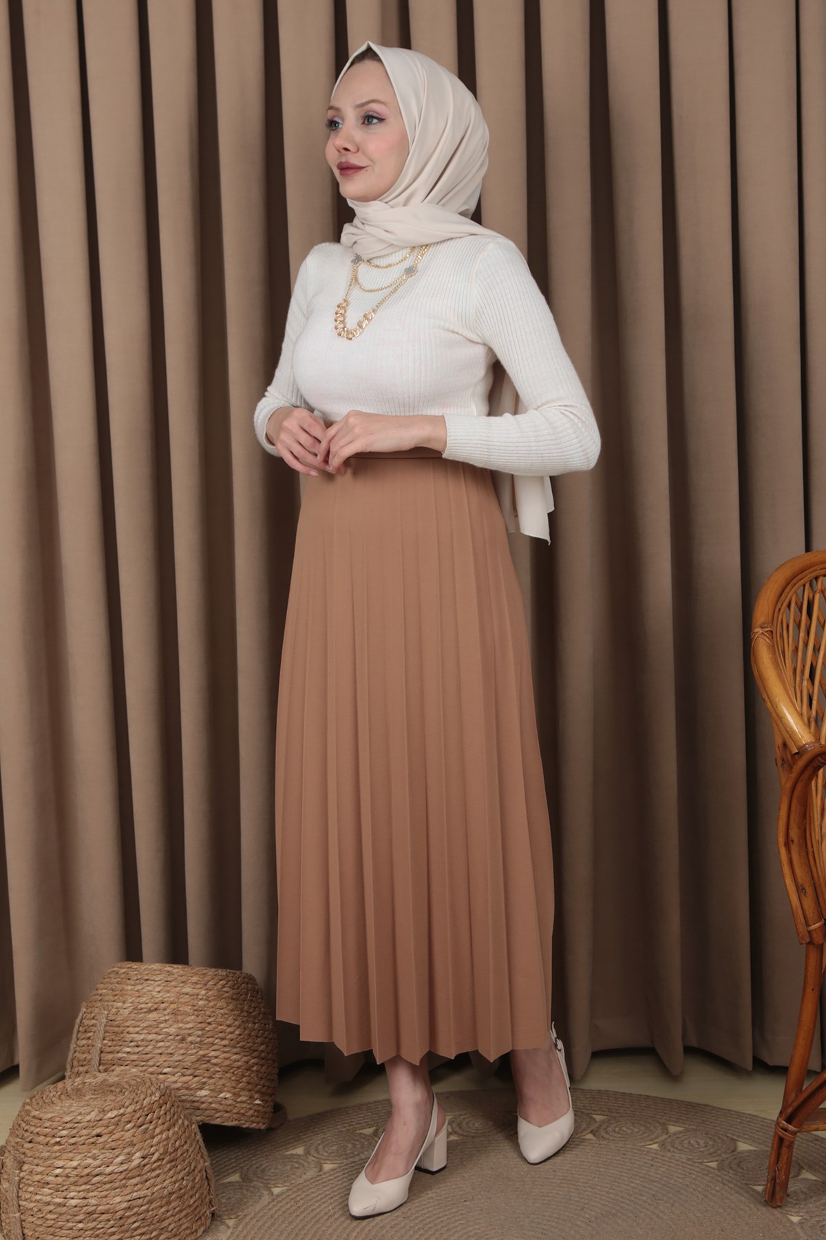 Kadın Bisküvi Piliseli Beli Lastikli Etek