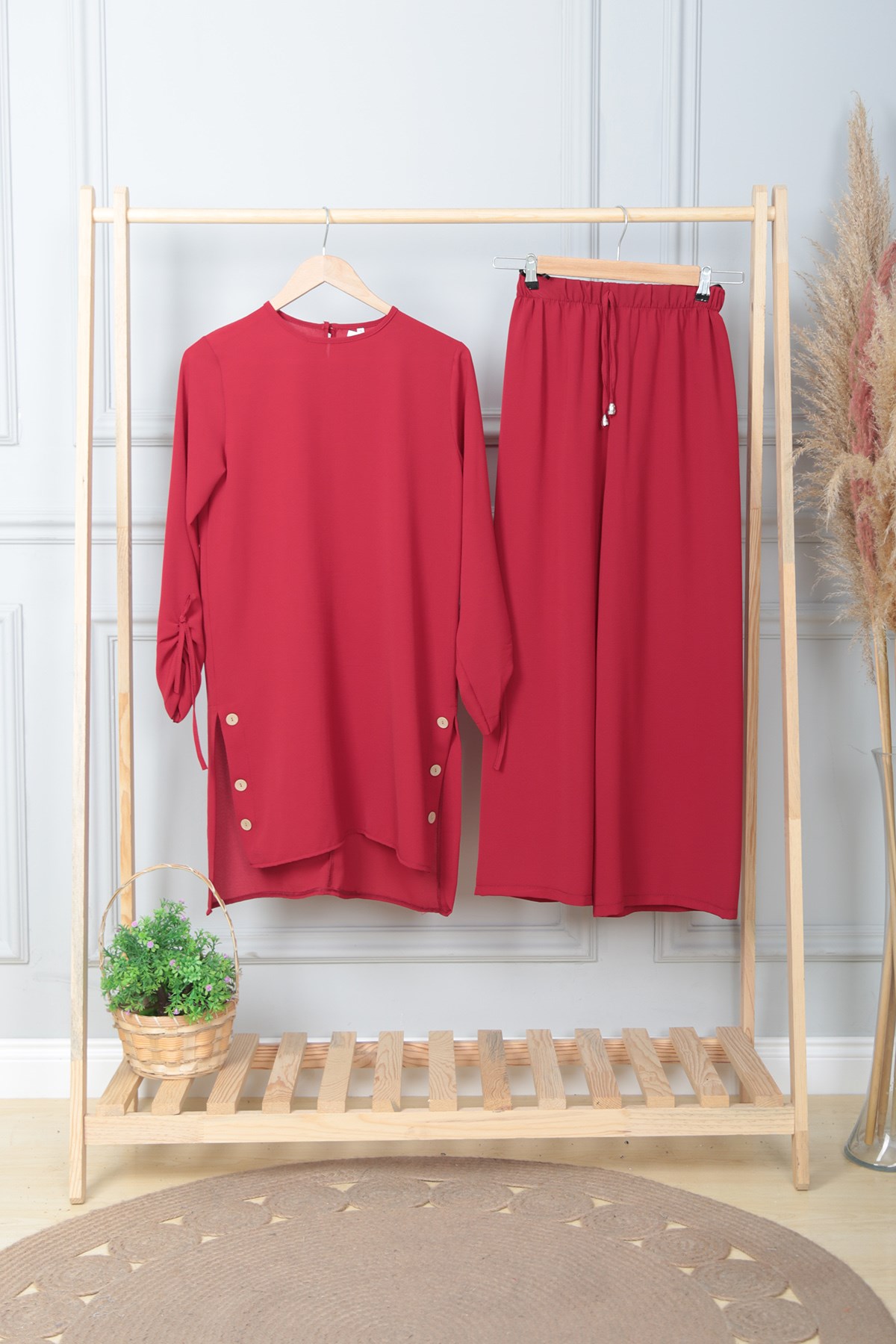 Kadın Bordo Tahta Düğmeli Pantolonlu Takım