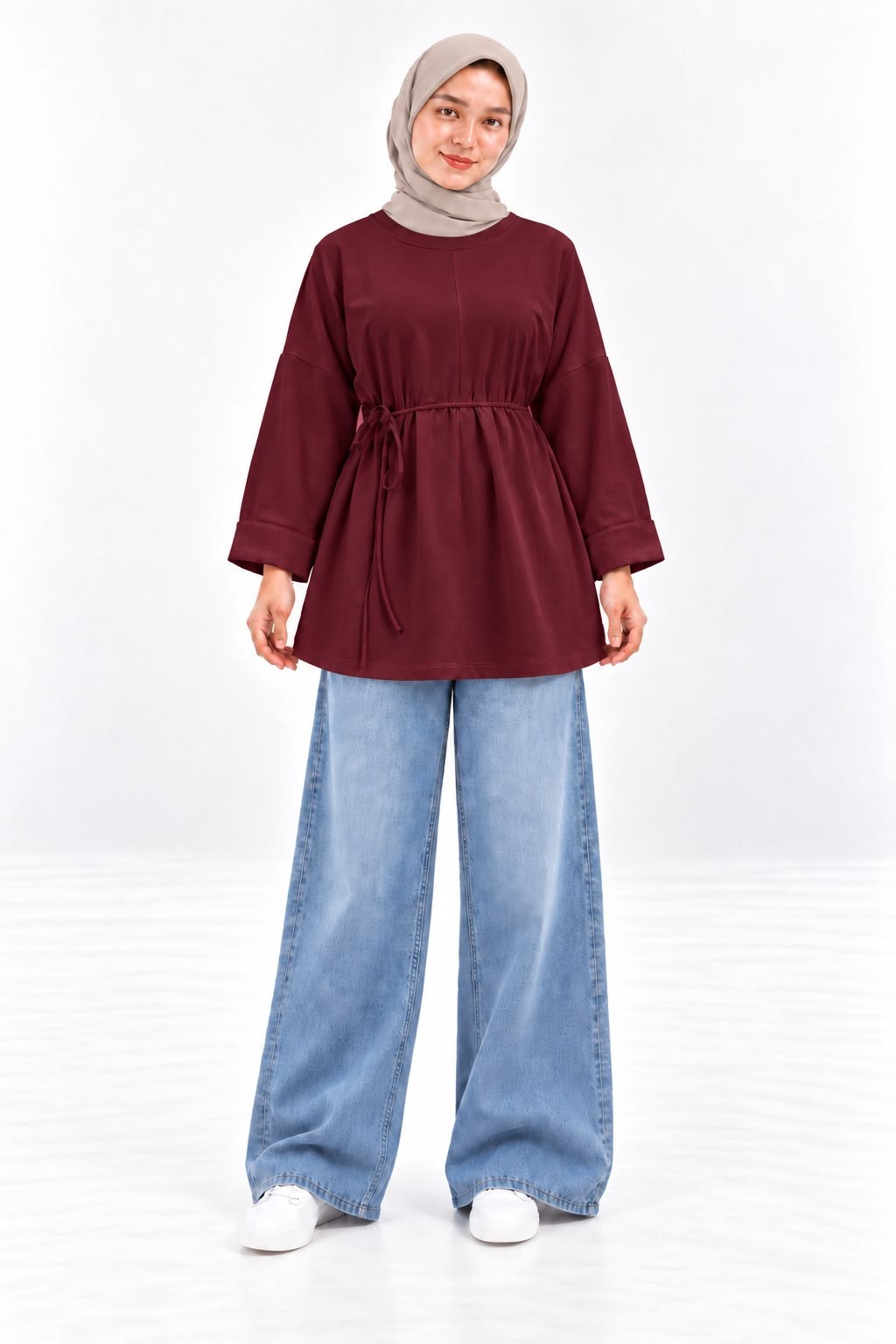 Kadın Bordo Yırtmaçlı Bağlamalı Duble kol Oversize Oysho Kumaş Bluz