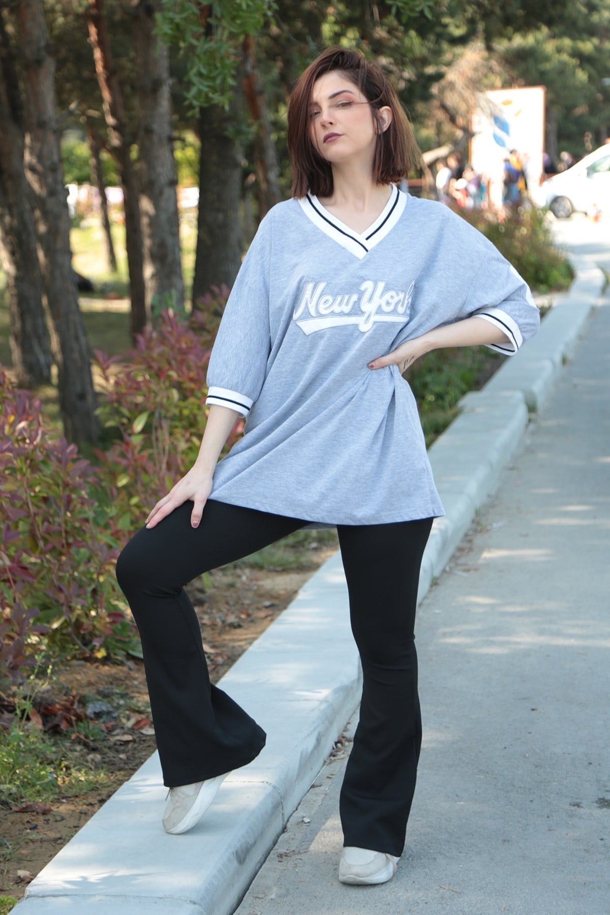 Kadın Gri Baskılı Oversize Tshirt