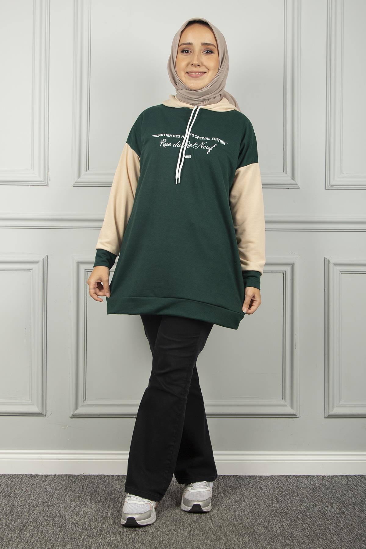 Kadın Haki Kapüşonlu Sweatshirt