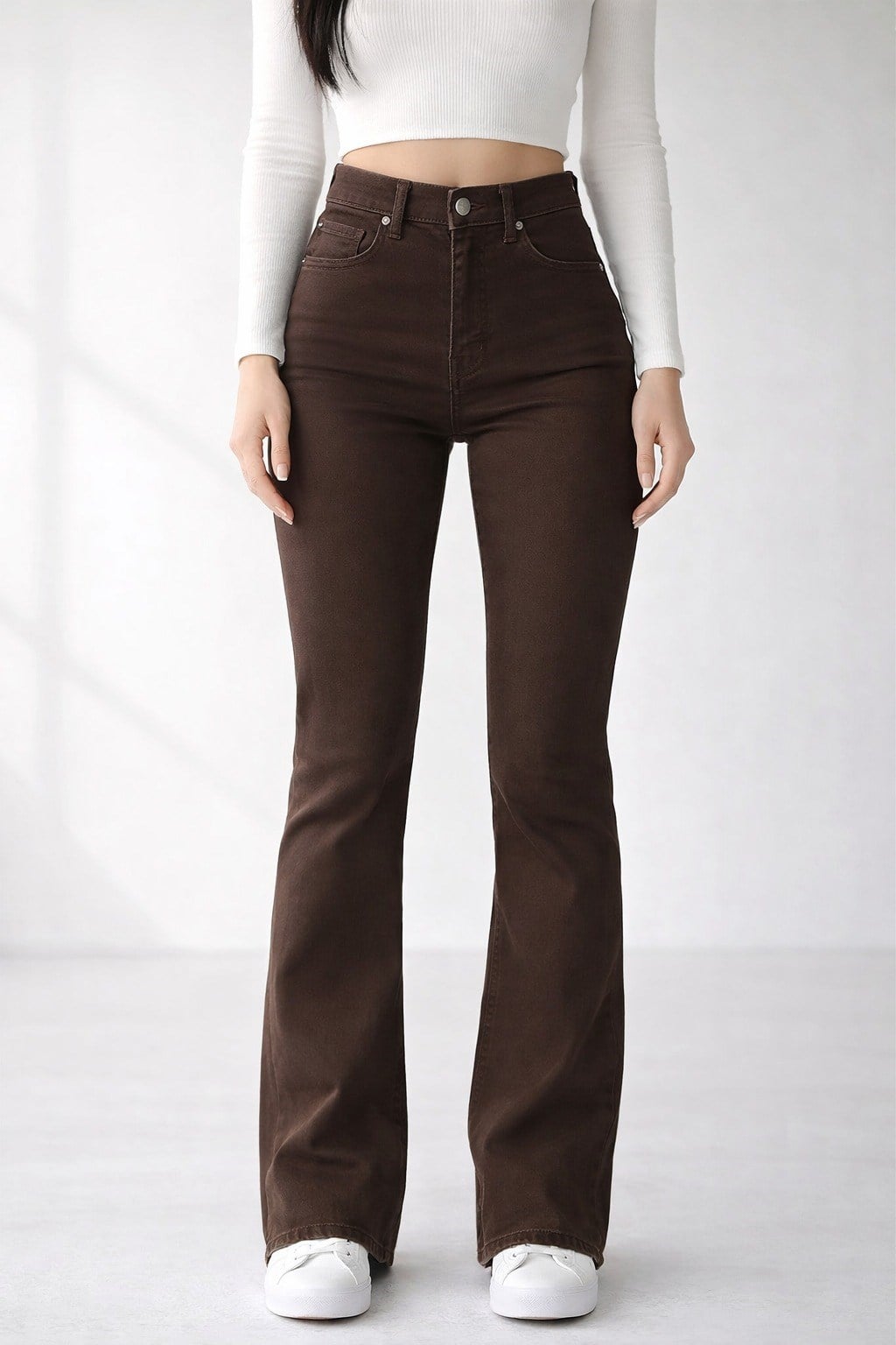 Kadın Kahverengi Yüksek Bel İspanyol Paça Pantolon