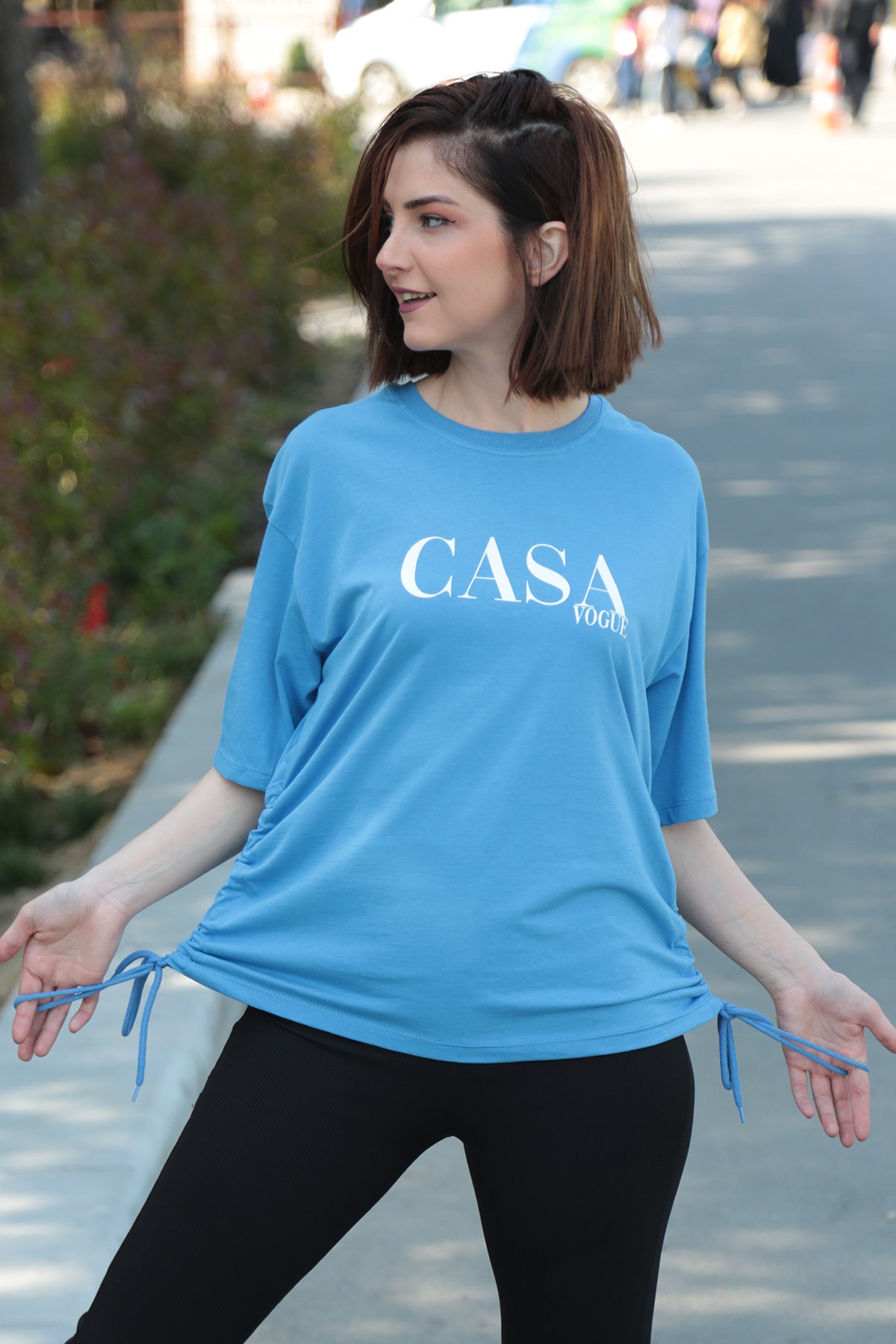 Kadın Mavi Baskılı Büzgülü Tshirt