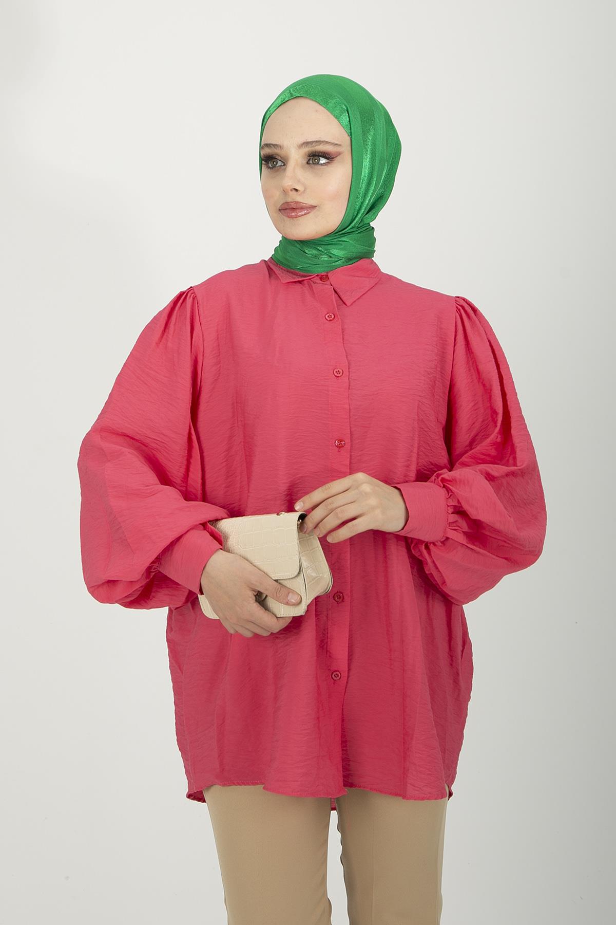 Kadın Pembe Balon Kol Gömlek