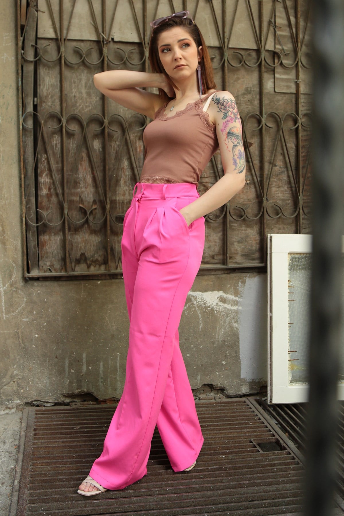 Kadın Pembe Palazzo Kumaş Pantolon