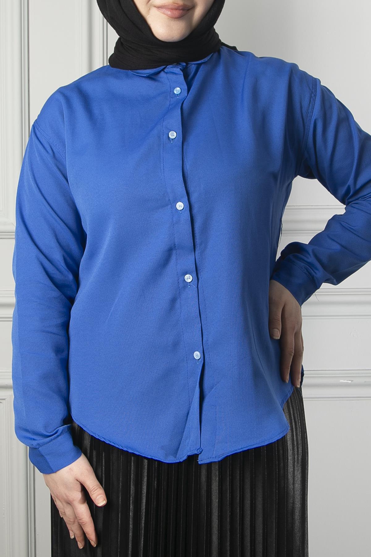 Kadın Saks Mavisi Oversize Düz Gömlek