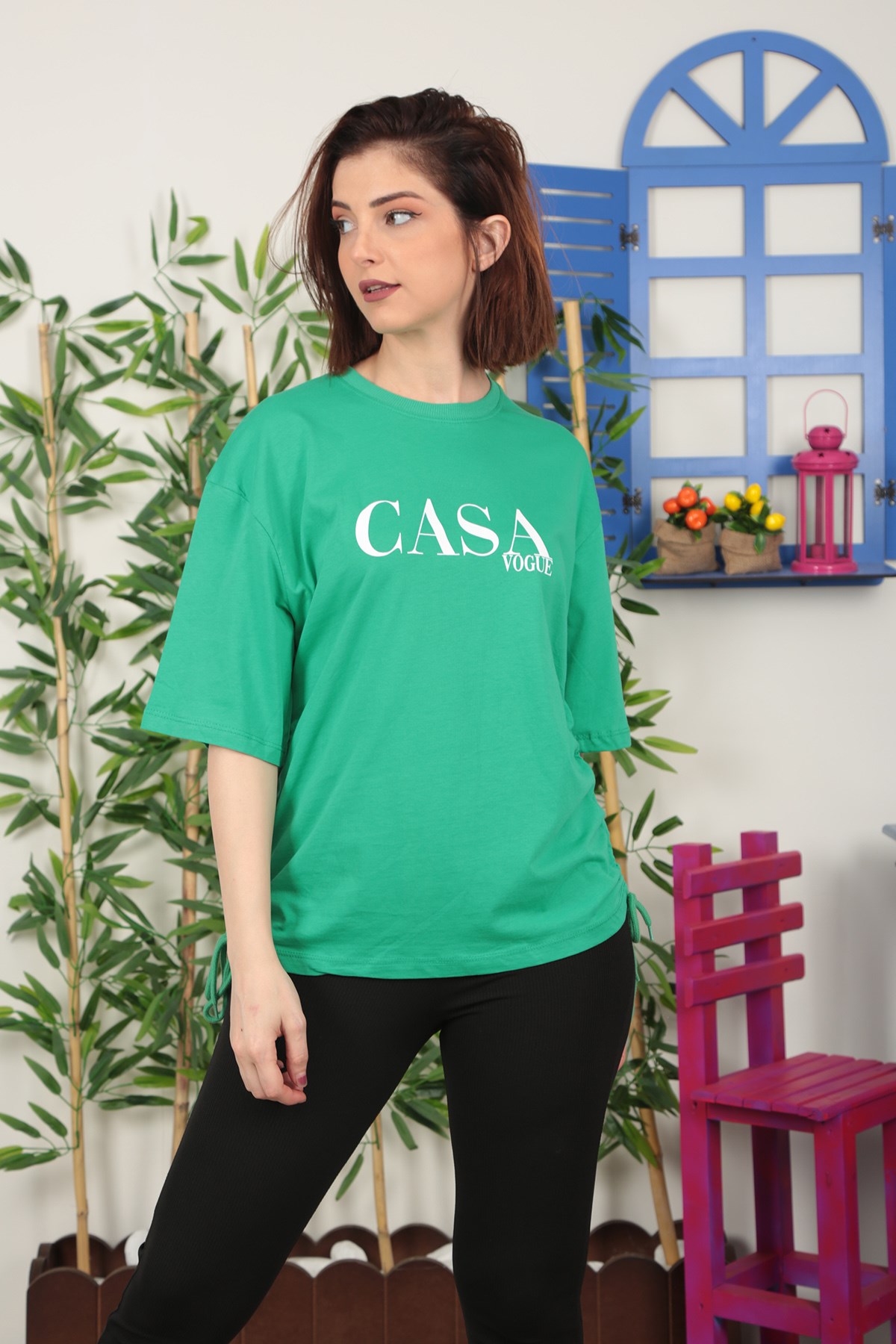 Kadın Yeşil Baskılı Büzgülü Tshirt