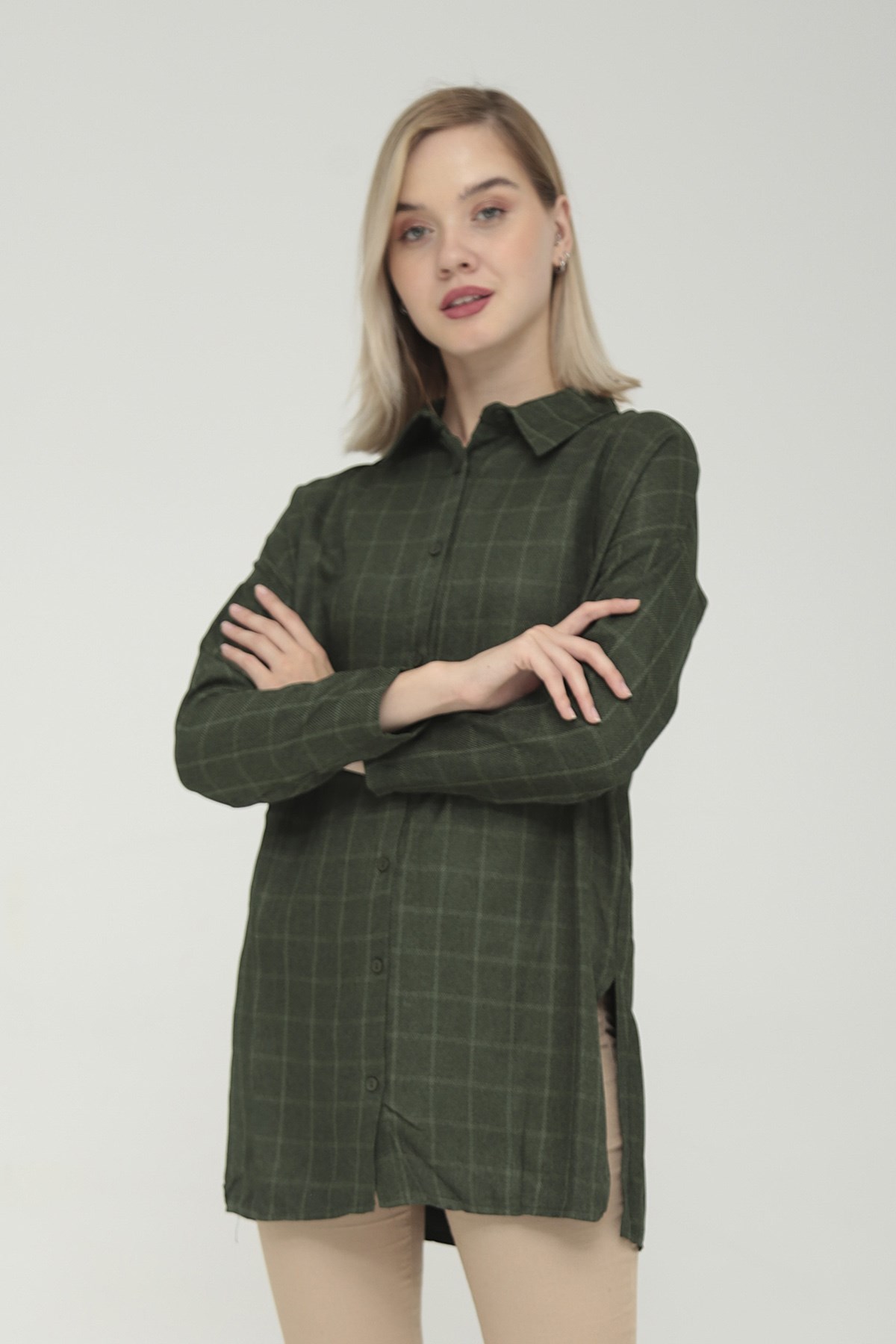 Kadın Yeşil Kareli Gömlek