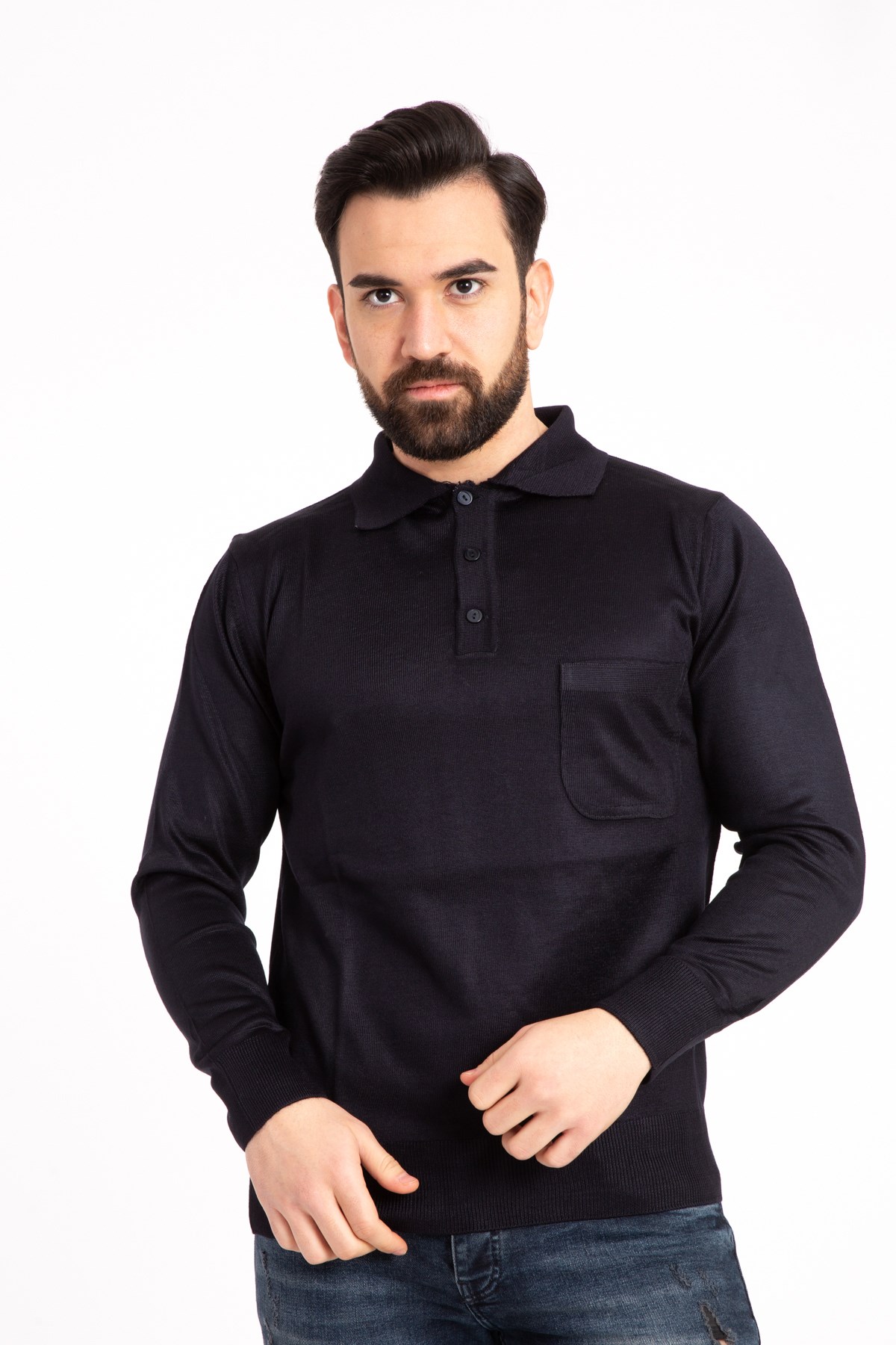 Erkek İnce Yün Triko Örgü Regular Kalıp Polo Yaka Baba Kazak Bluz 5015