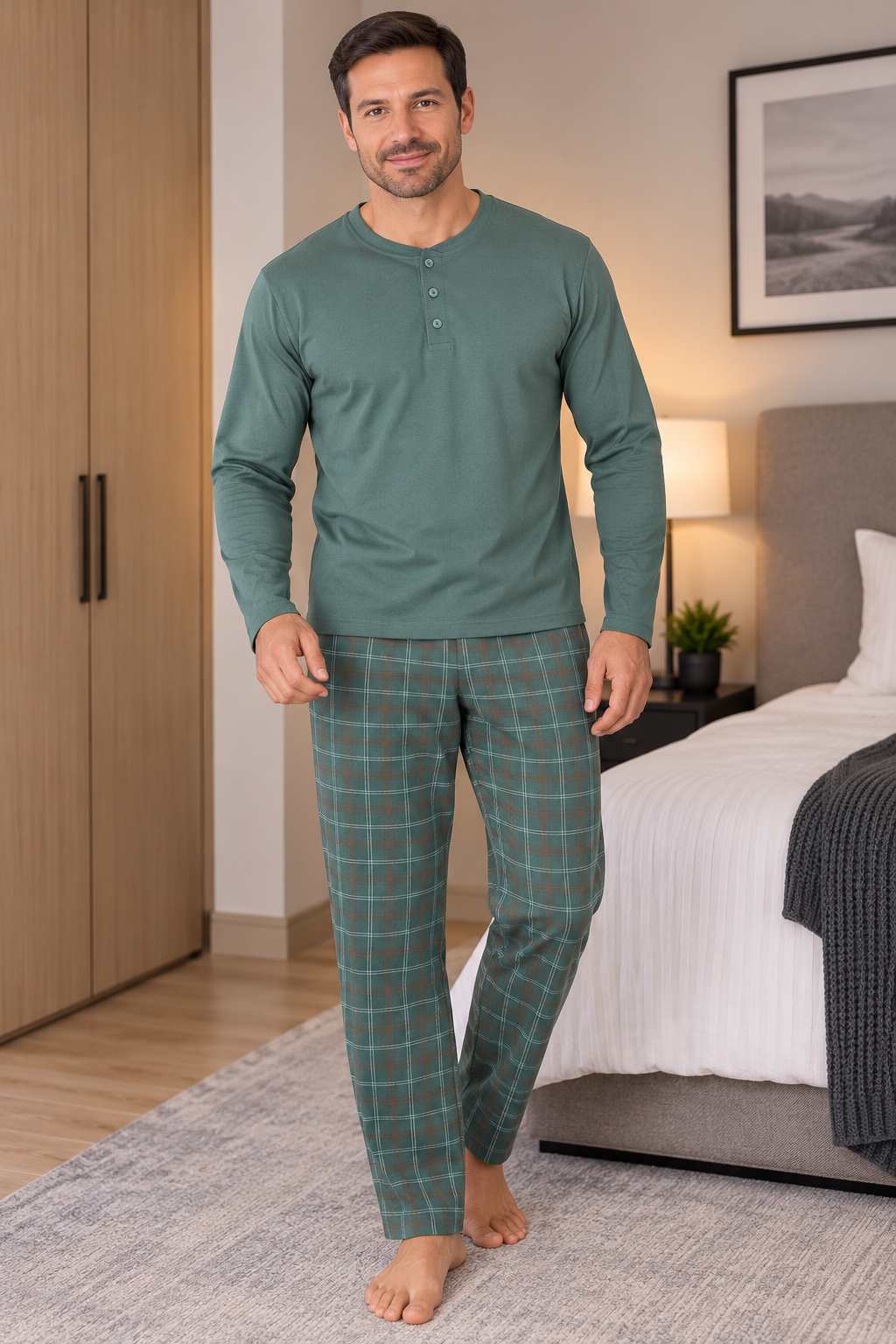 Erkek İnterlok Rahat Kalıp Ekoseli Yuvarlak Yaka Pamuk Pijama Takımı 6860