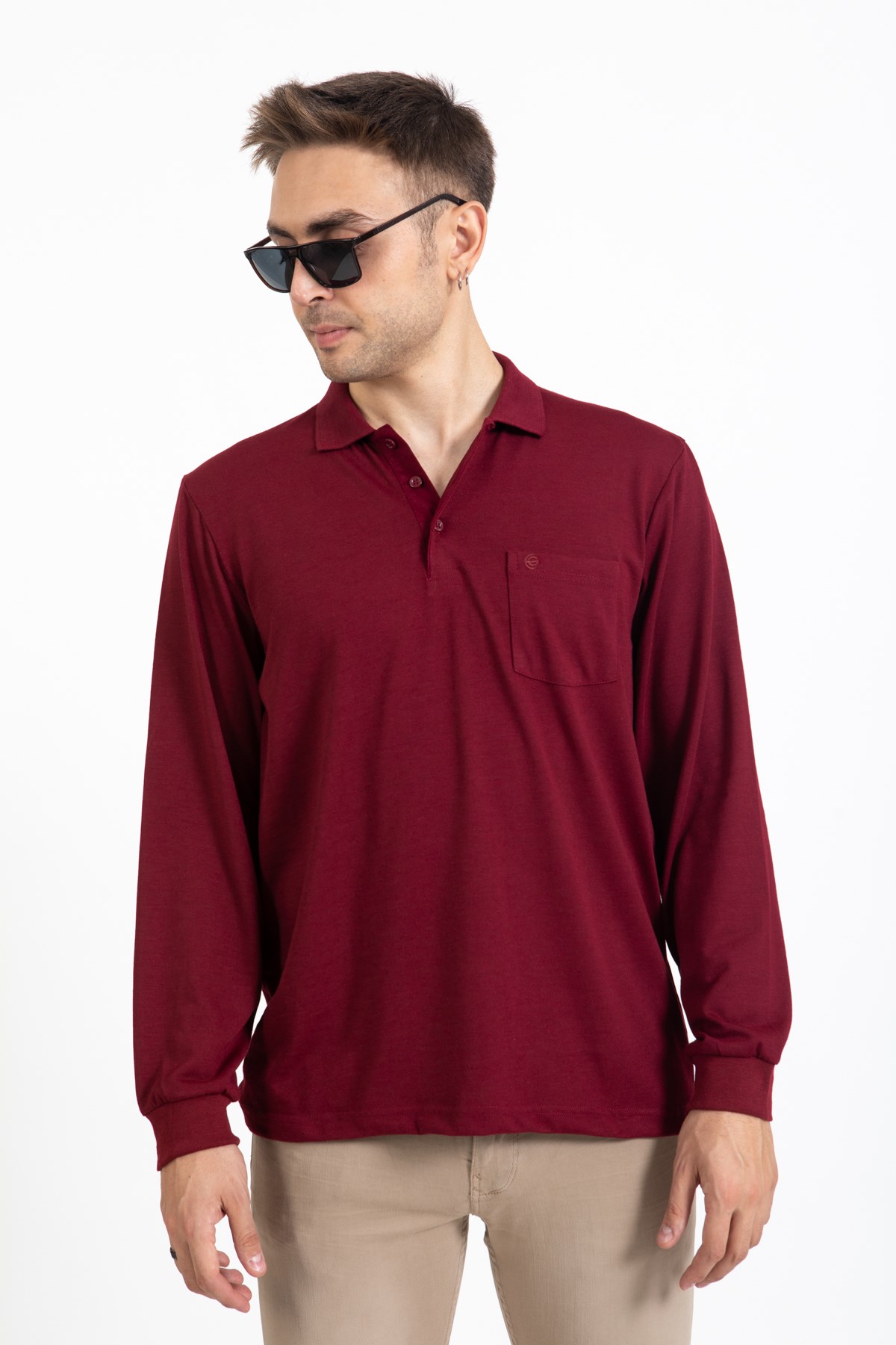 Erkek Orta Yaş ve Üzeri Polo Yaka Cepli Uzun Kollu Mevsimlik Sweatshirt 1103-Bordo