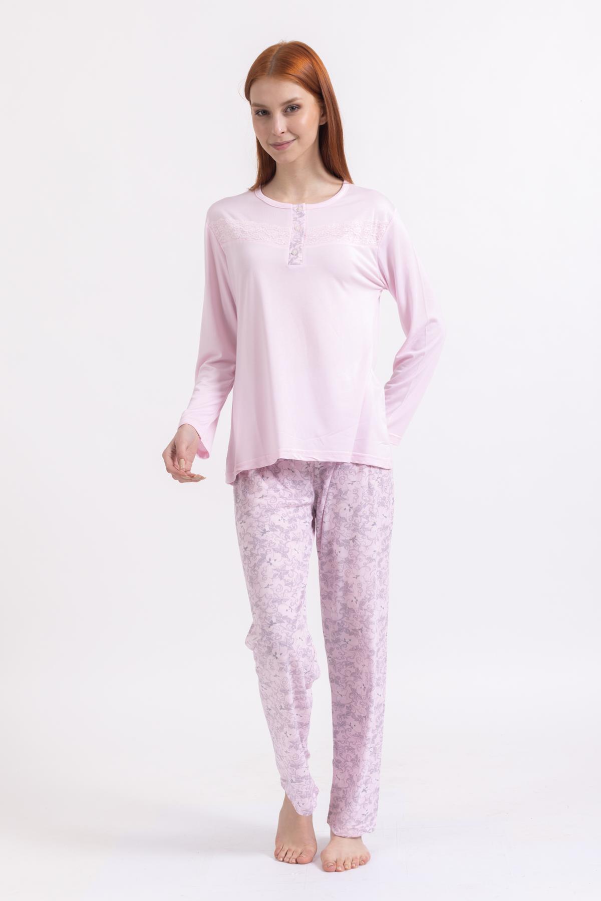 Kadın Dört Mevsim Dantel Desenli Melisa Kumaş Yüksek Kalite Yuvarlak Yaka Pijama Takımı 1361
