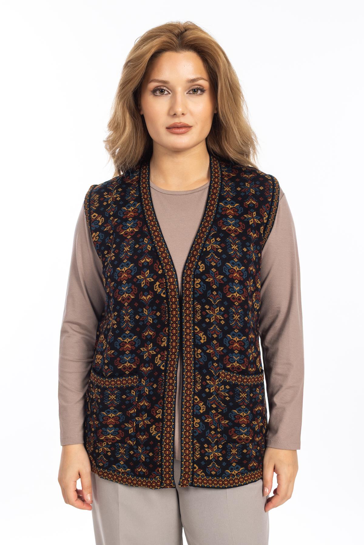 Kadın Etnik Model Triko Örgü Kilim Anne Yelek 1070