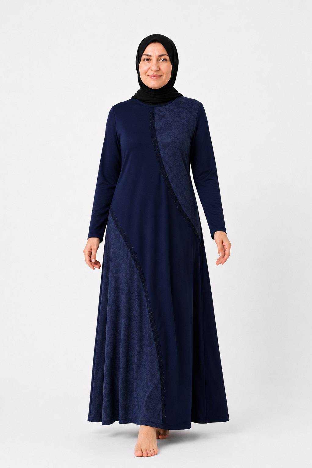 Kadın Orta Yaş Desenli Anne Penye Elbise 1380-Lacivert