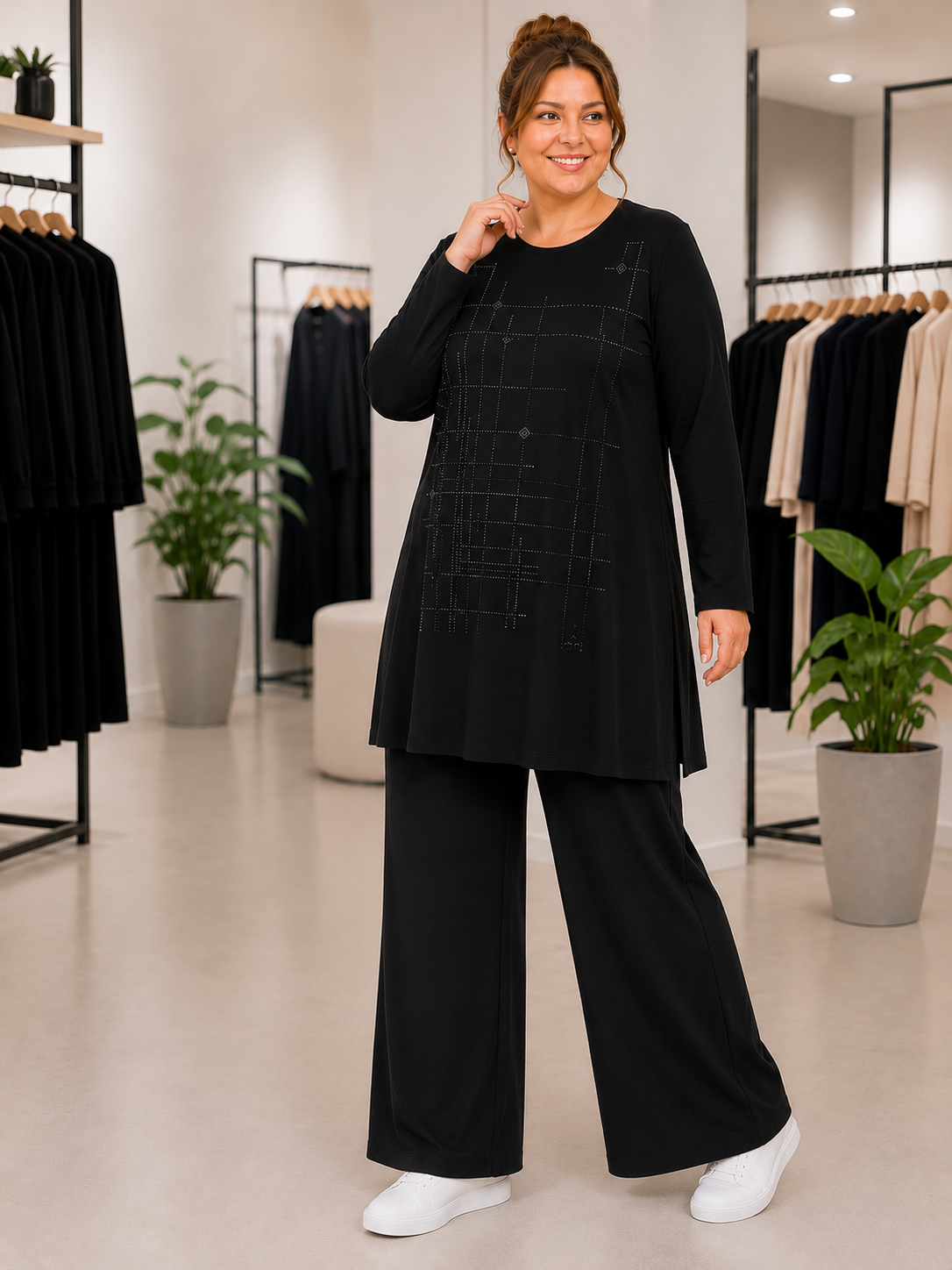 Kadın Orta Yaş ve Üzeri Büyük Beden Taş İşlemeli Tunik Pantolon Anne Takım 1424
