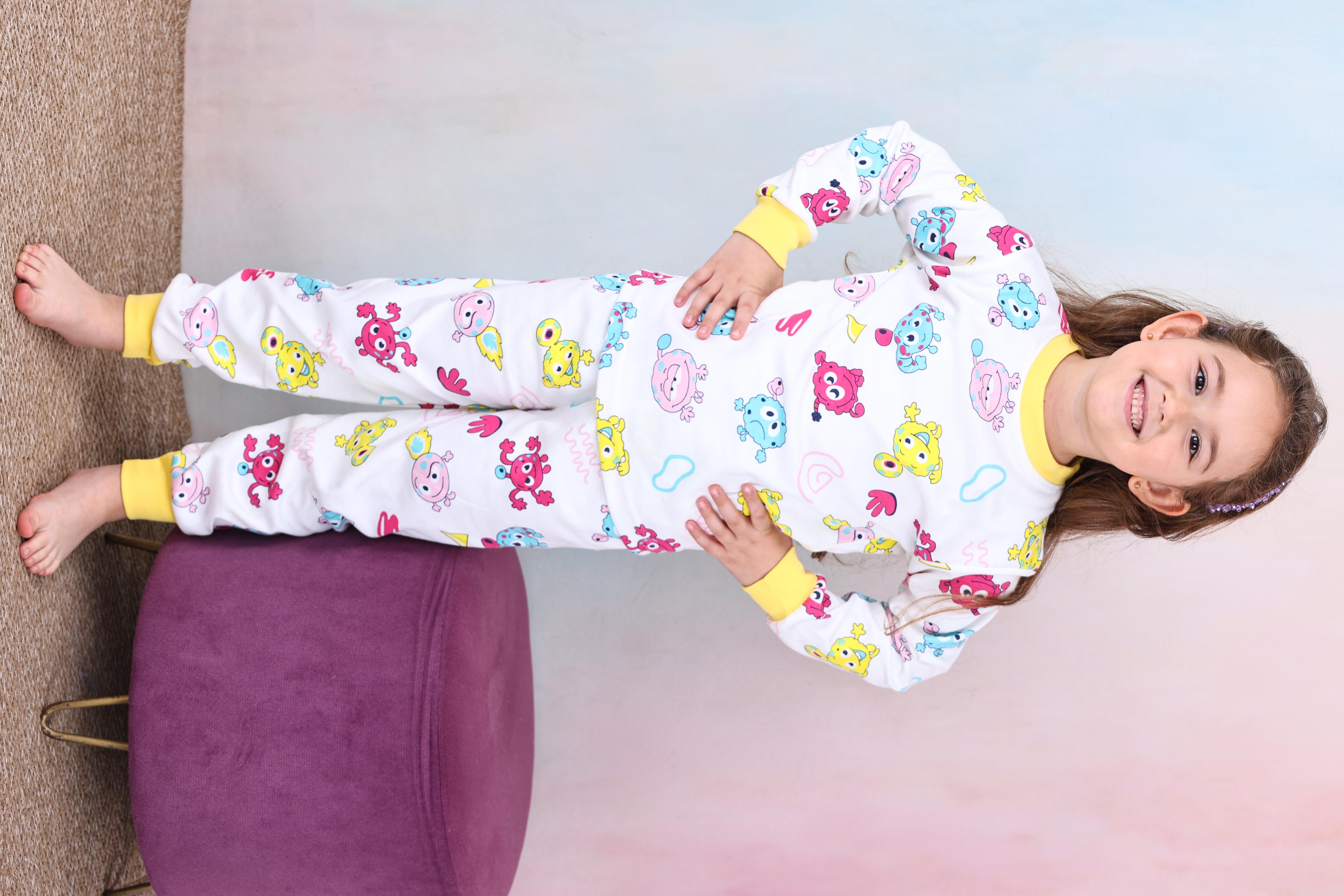 Kız Çocuk %100 Pamuk Pijama Takımı 1810-Sarı