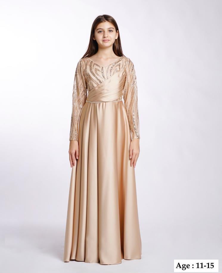 Kız Çocuk/Genç Yeni Moda Tafta Kumaş Uzun Kollu Tam Kalıp Abiye Elbise 5799