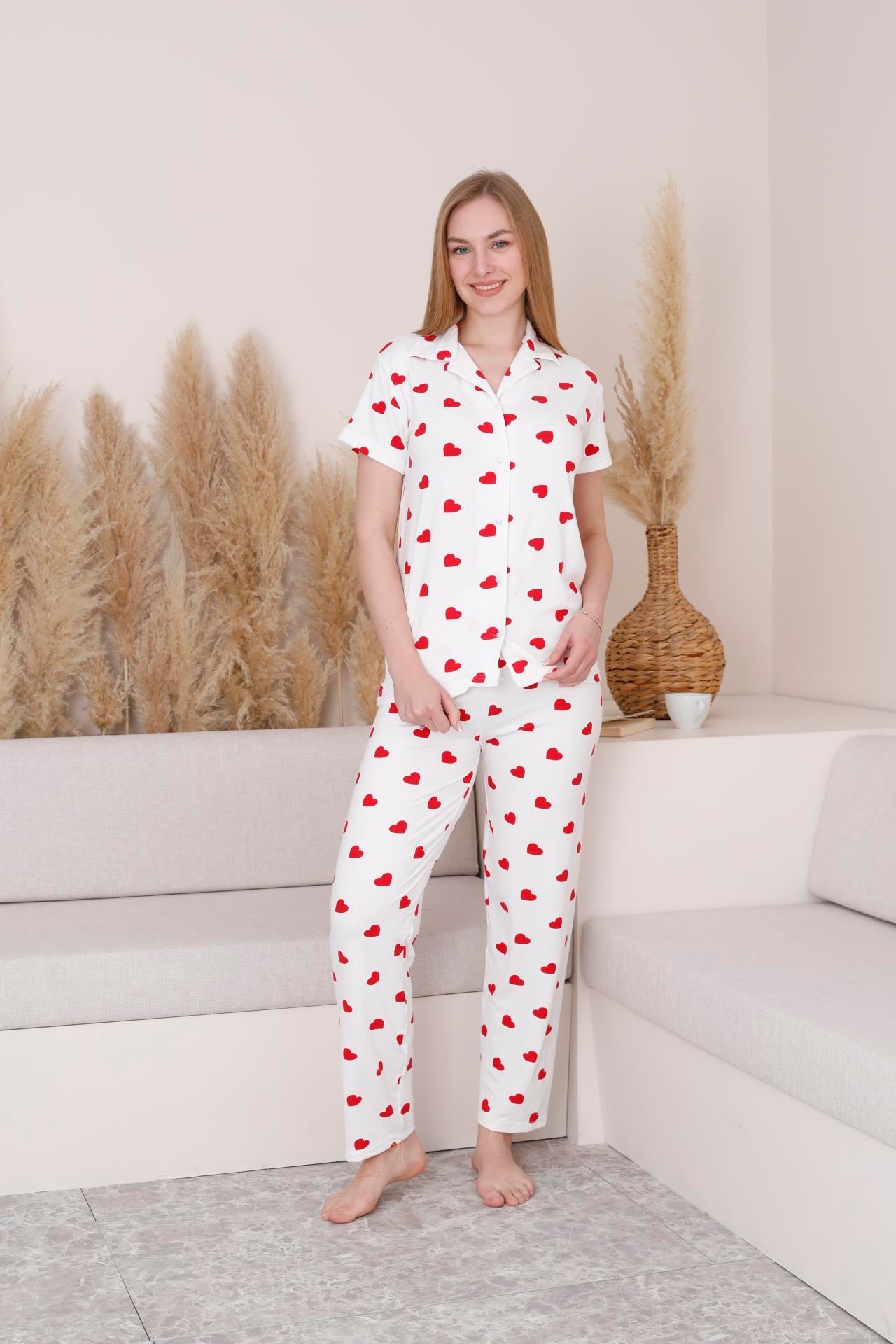 Milan Kumaş Kalp Desenli Düğmeli Kadın Pijama Takımı 3103-Beyaz