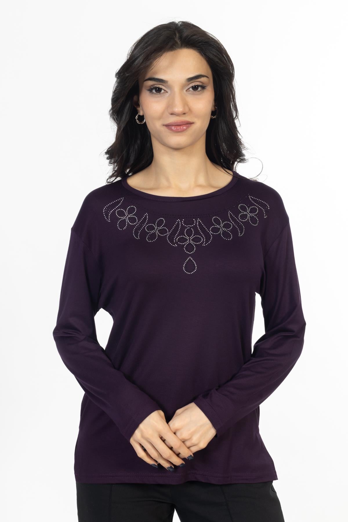 Yeni Model Taş İşlemeli Yuvarlak Yaka Likralı Anne Penye Bluz 6435