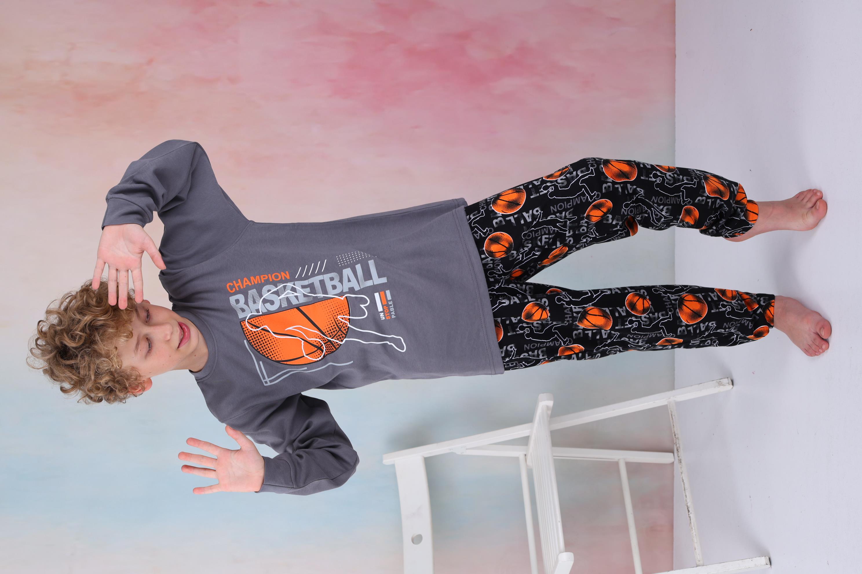 Yeni Sezon Erkek Çocuk Gez Garson Basketball Uzun Kollu Pamuk İnterlok Pijama Takımı 5154-Füme