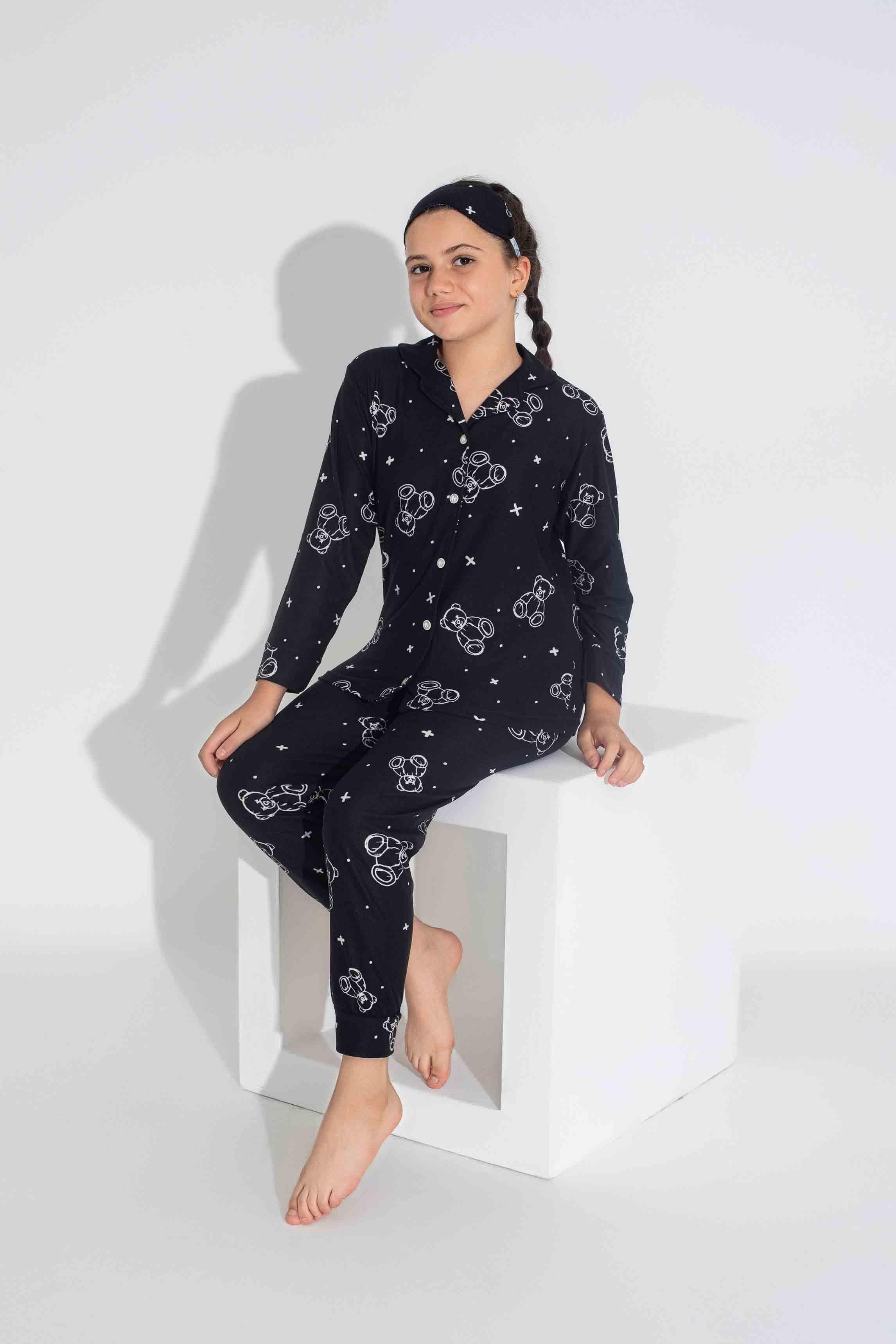 Yeni Sezon Sonbahar/Kış Anne / Kız Çocuk Kombin Ayıcık Desenli Süet Pijama Takımı 2724-9 Siyah