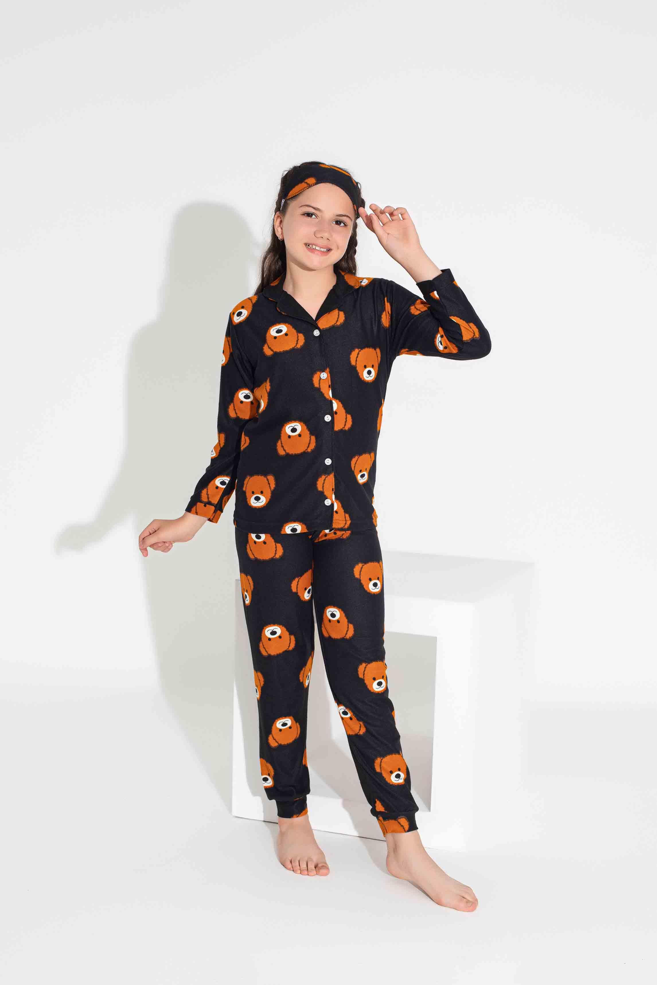Yeni Sezon Sonbahar/Kış Anne / Kız Çocuk Ayıcık Desenli Süet Pijama Takımı 2724-1 Siyah Ayıcık