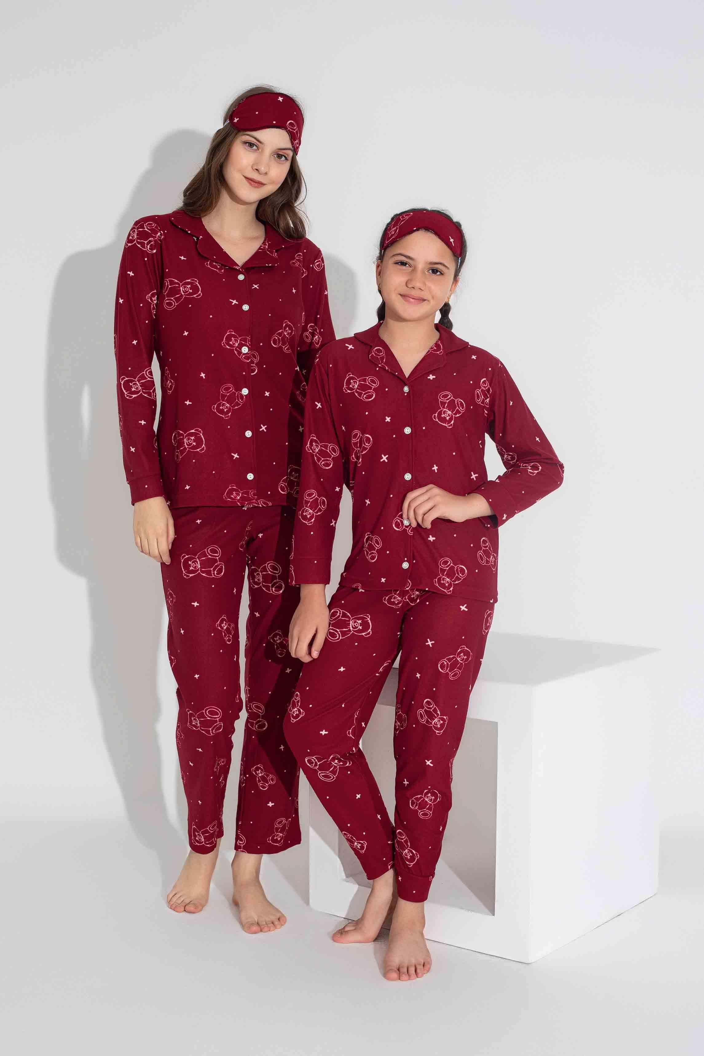 Yeni Sezon Sonbahar/Kış Anne / Kız Çocuk Kombin Ayıcık Desenli Süet Pijama Takımı 2724-Bordo