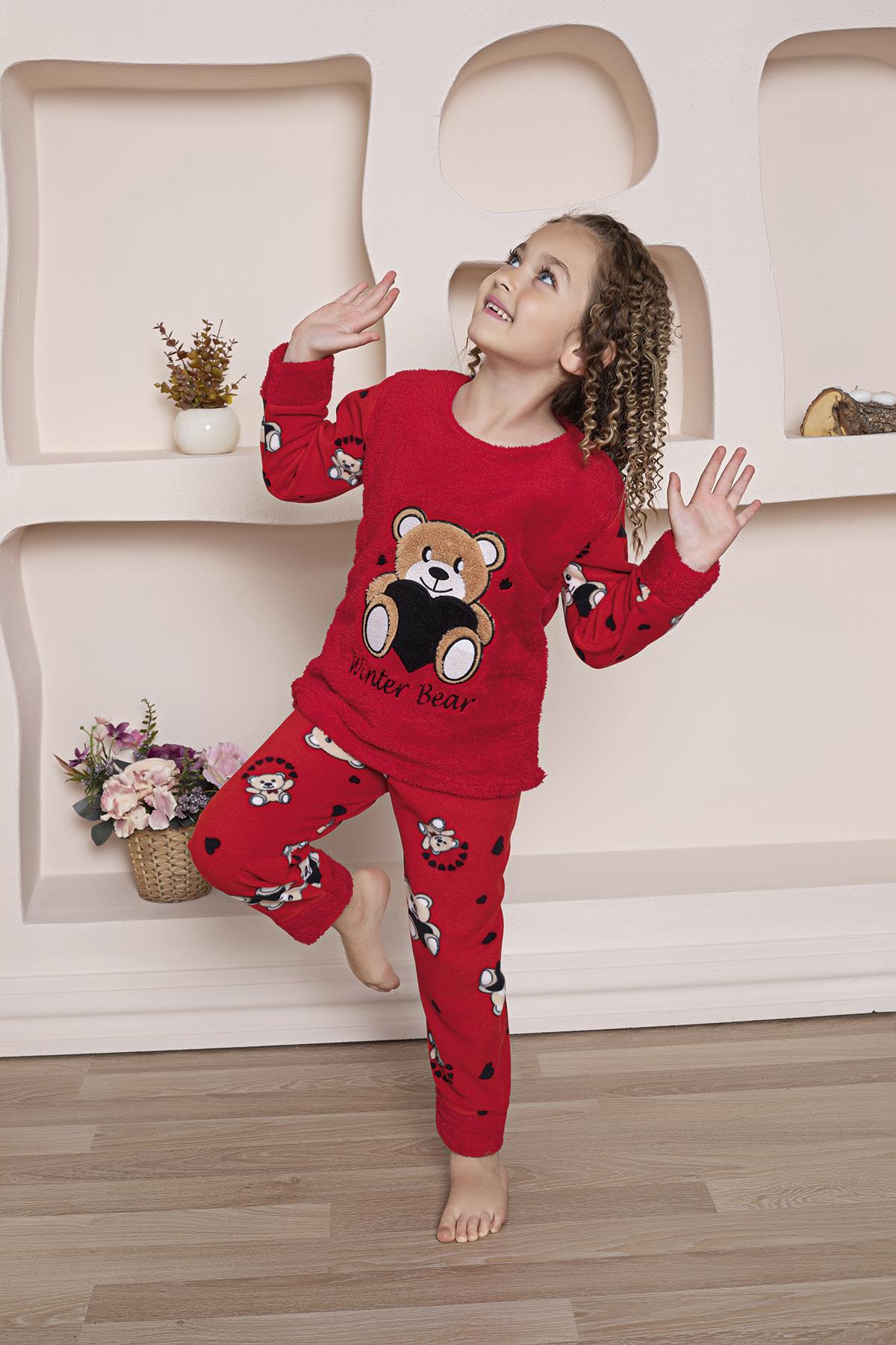 Yeni Sezon Sonbahar/Kış Kız Çocuk Ayıcık Desenli Polar Pijama Takımı 4940