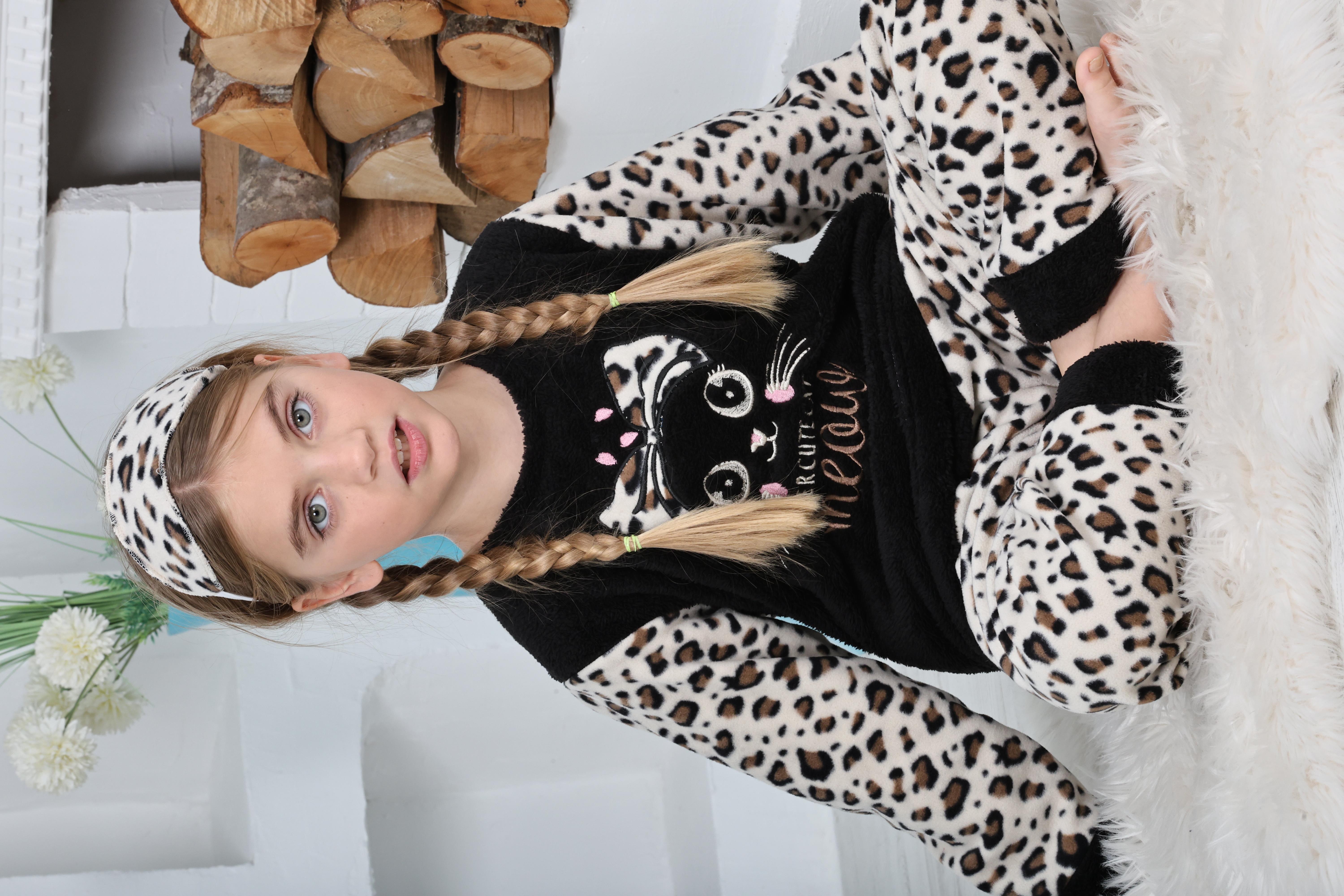 Yeni Sezon Sonbahar/Kış Kız Çocuk Leopar Desenli Polar Pijama Takımı 4103-Siyah