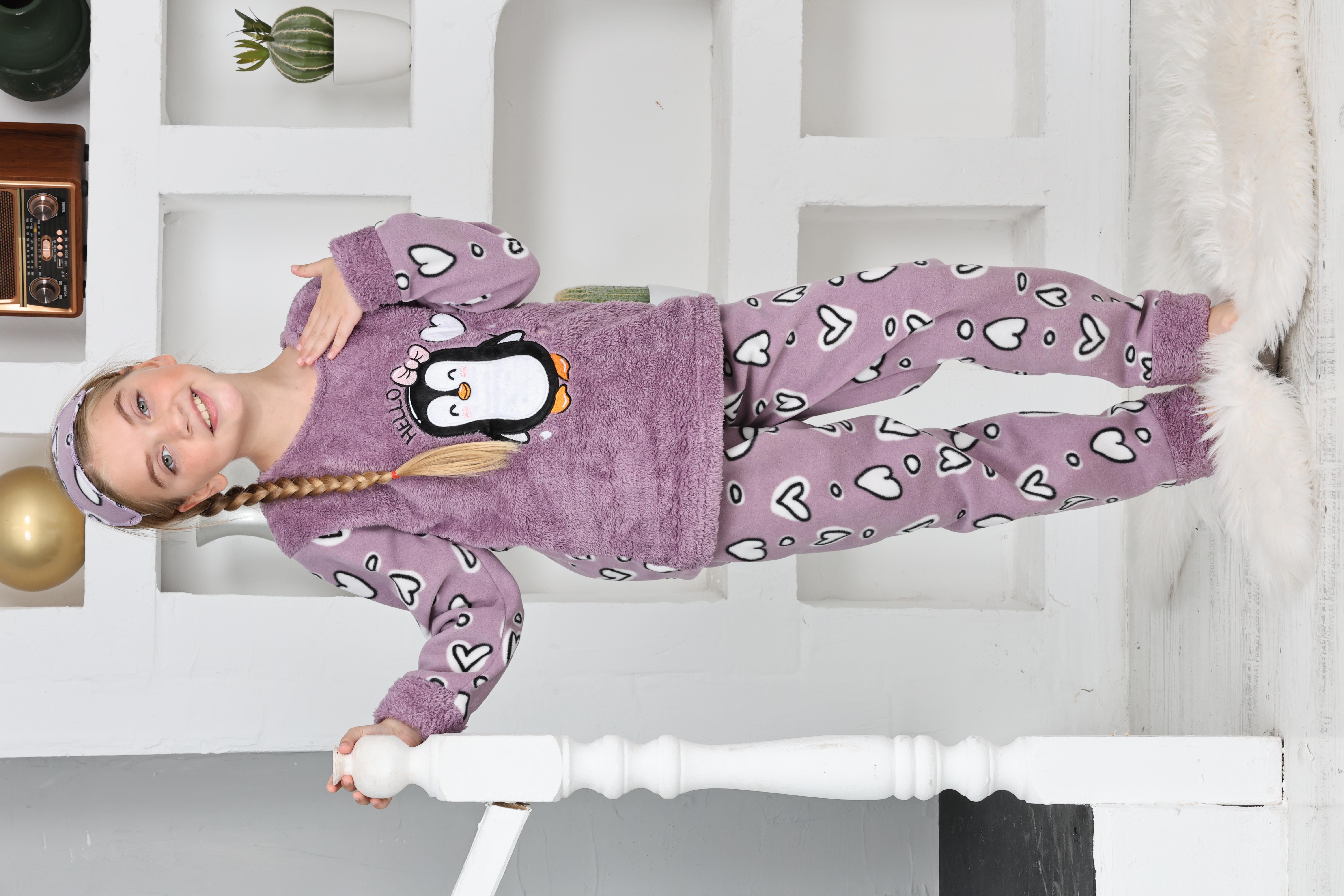 Yeni Sezon Sonbahar/Kış Kız Çocuk Penguen Desenli Polar Pijama Takımı 4994