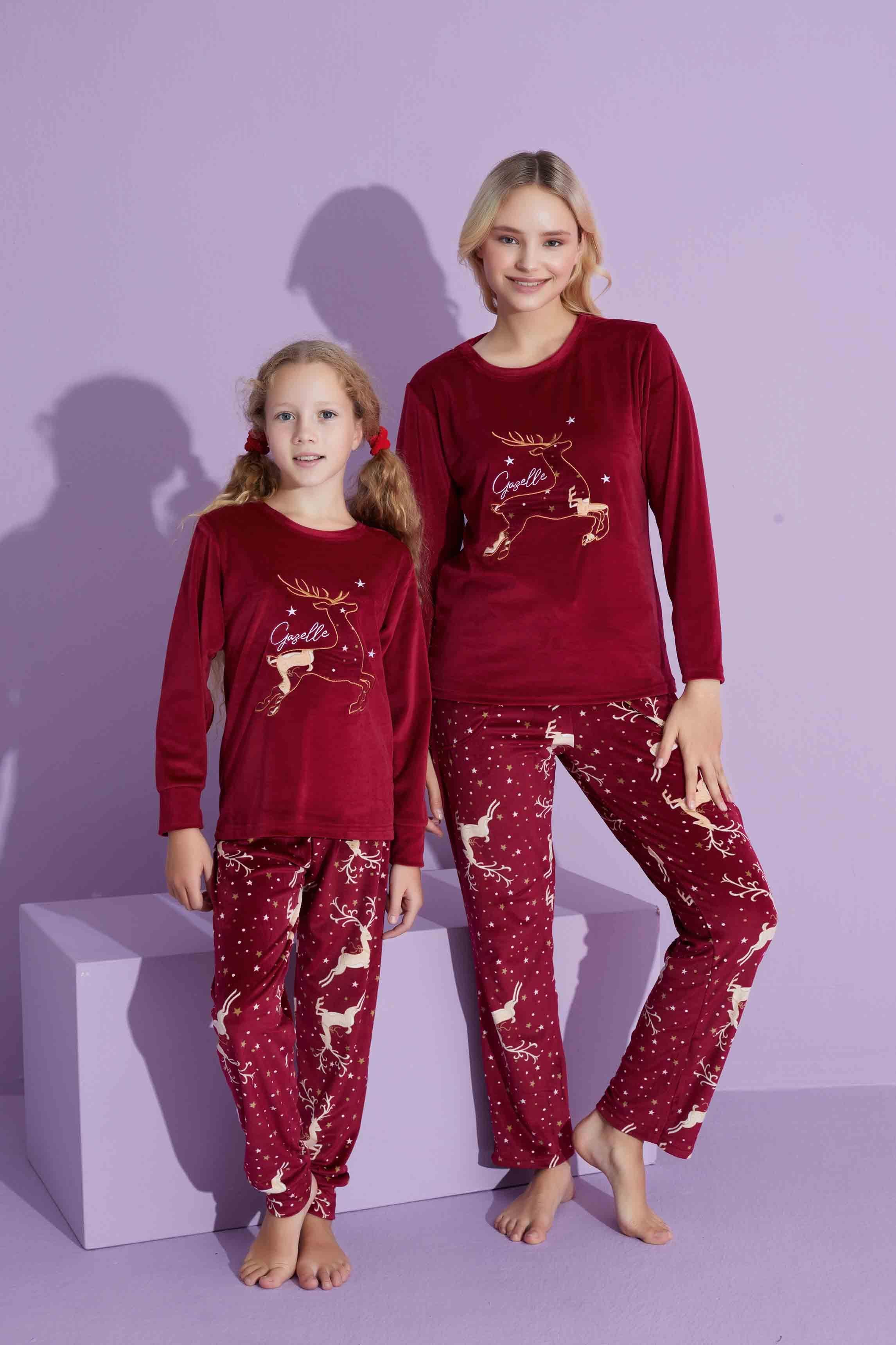 Yeni Sezon Trend Model Kadife Anne/Kız Çocuk Pijama Takımı 2776-Bordo