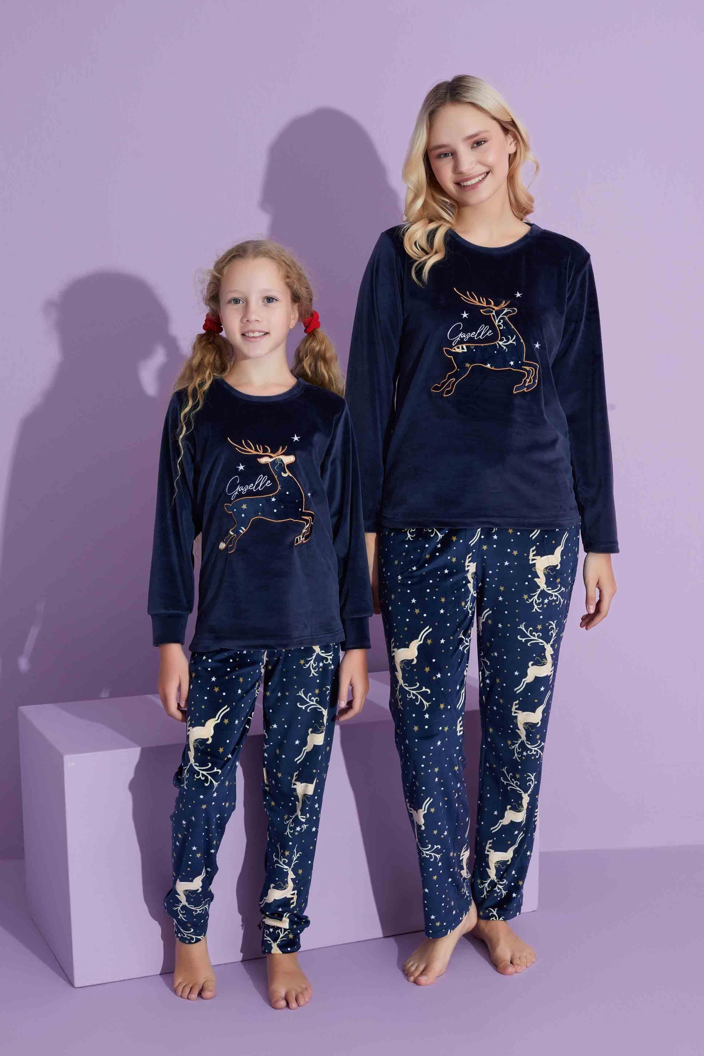 Yeni Sezon Trend Model Kadife Anne/Kız Çocuk Pijama Takımı 2776-Lacivert